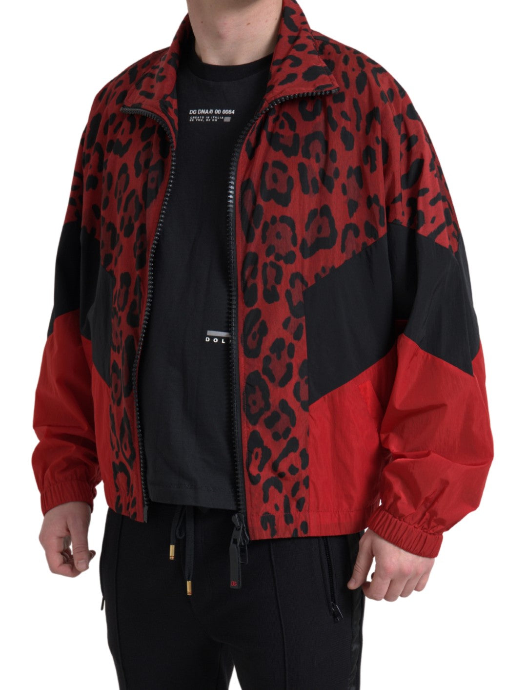 Rode luipaard nylon trui met volledige ritssluiting