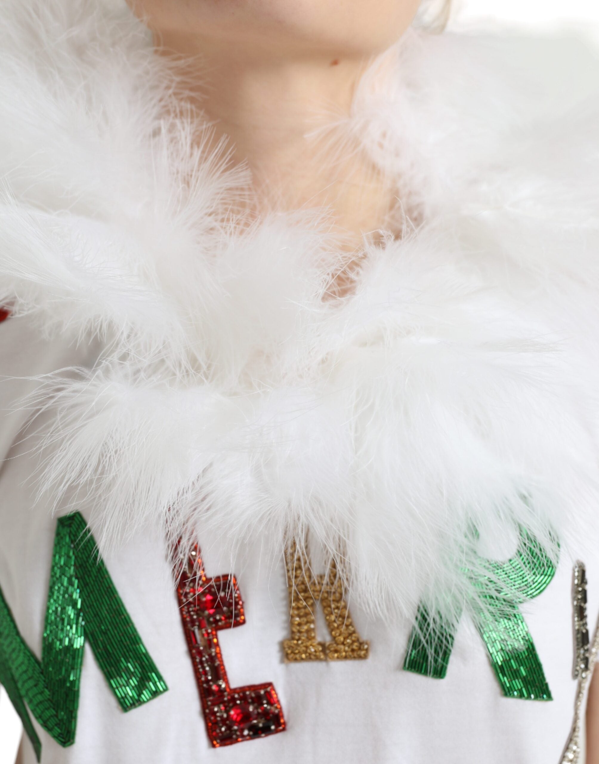 Wit katoenen kerst T-shirt met pailletten en bont