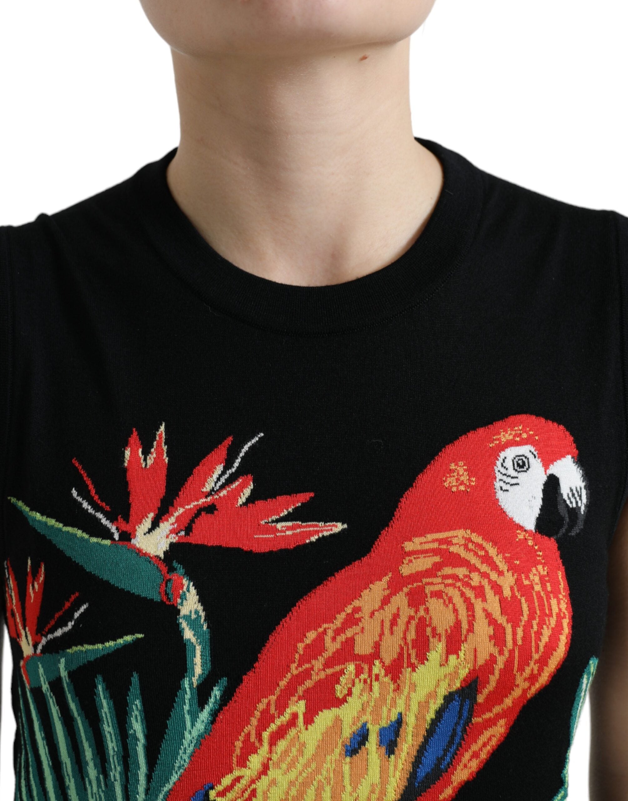 Zwarte vogel wollen gebreide mouwloze tanktop