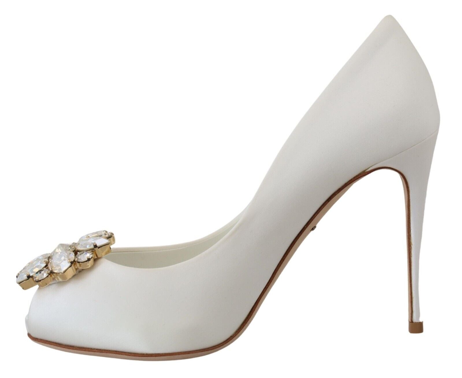 Satijnen pumps met peeptoe en witte kristallen