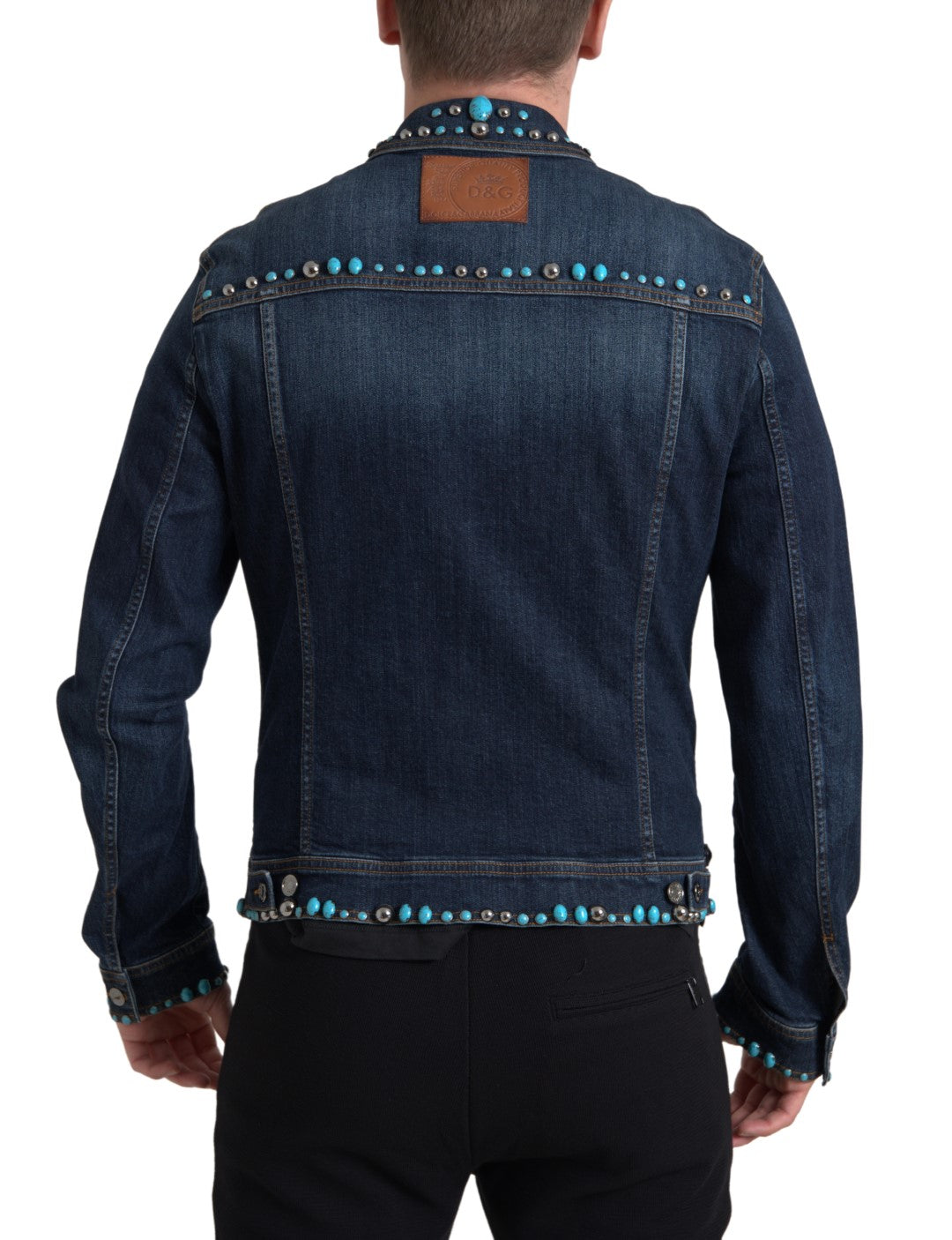 Blauwe denim turquoise stenen studs jas