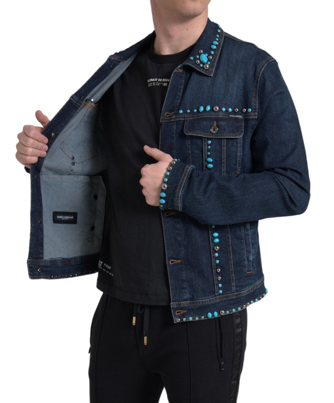 Blauwe denim turquoise stenen studs jas