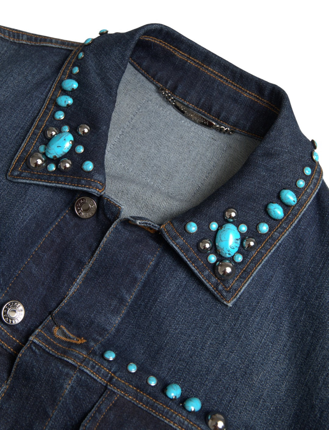 Blauwe denim turquoise stenen studs jas
