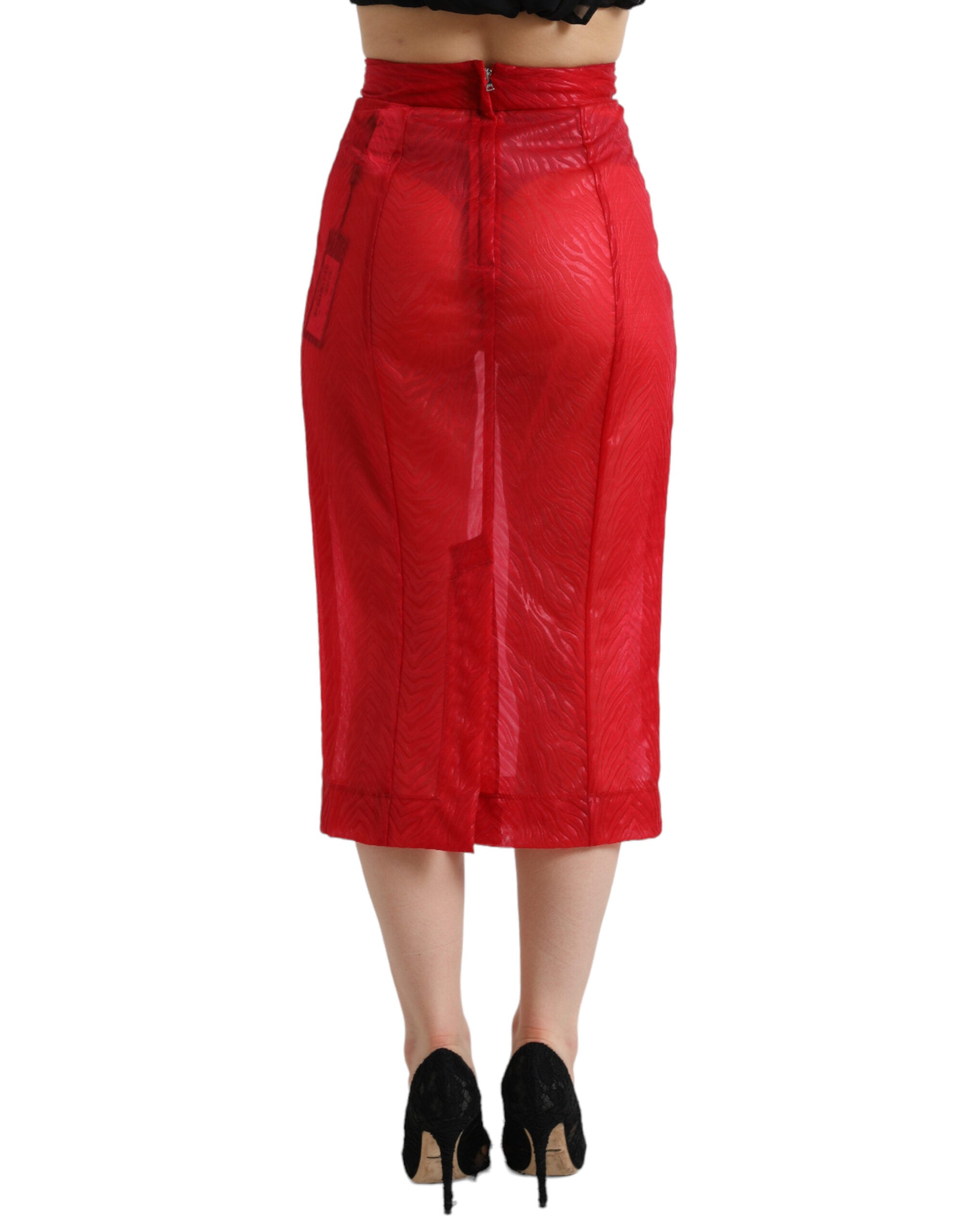 Rode doorschijnende midi-rok met hoge taille en kokerrok