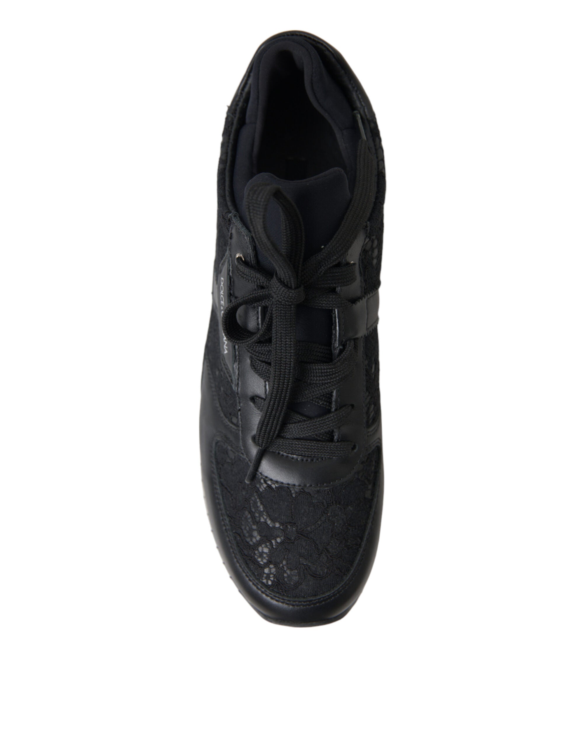 Zwarte leren sneakers met bloemenkant