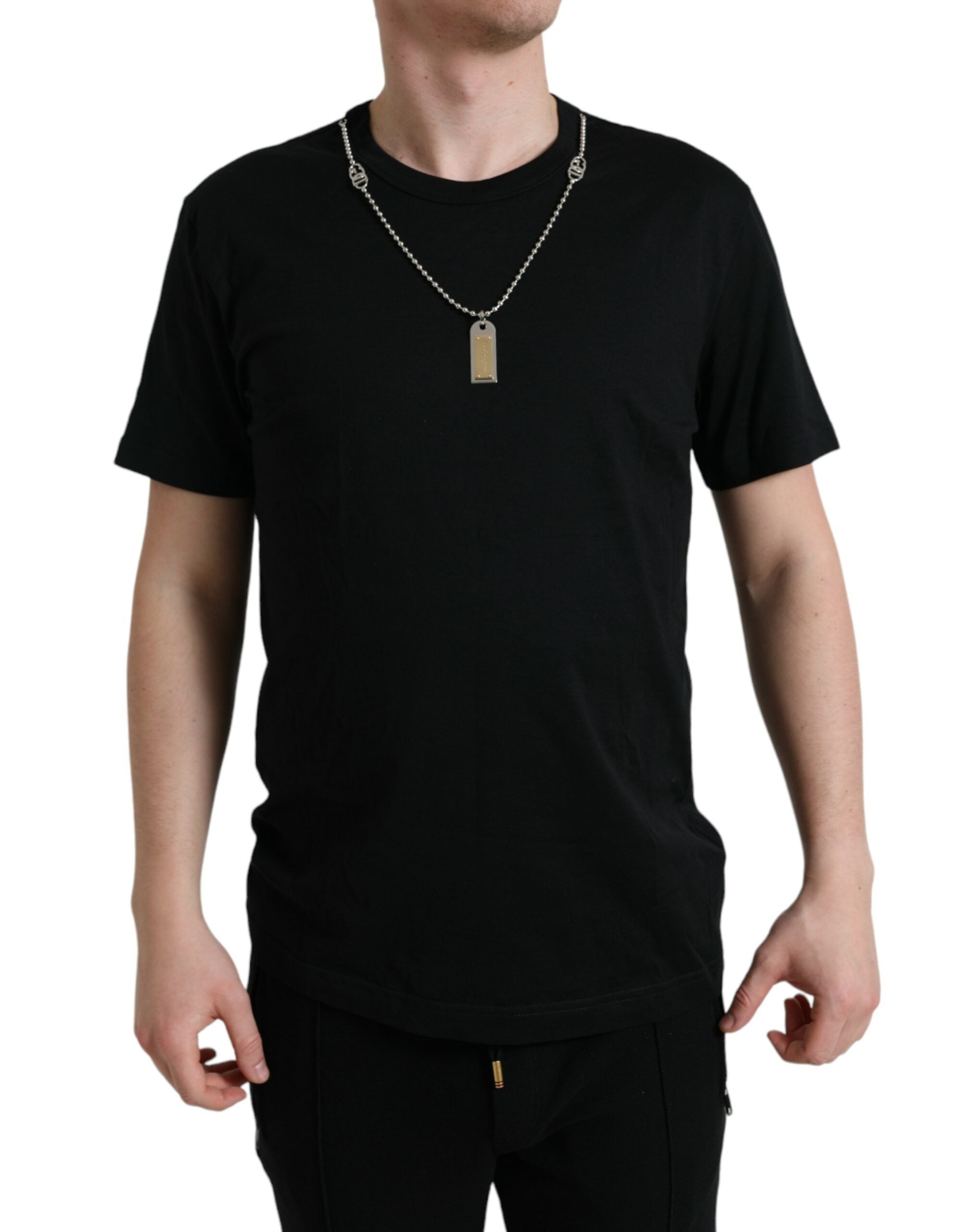 Zwart katoenen T-shirt met ronde hals en hondenpenning