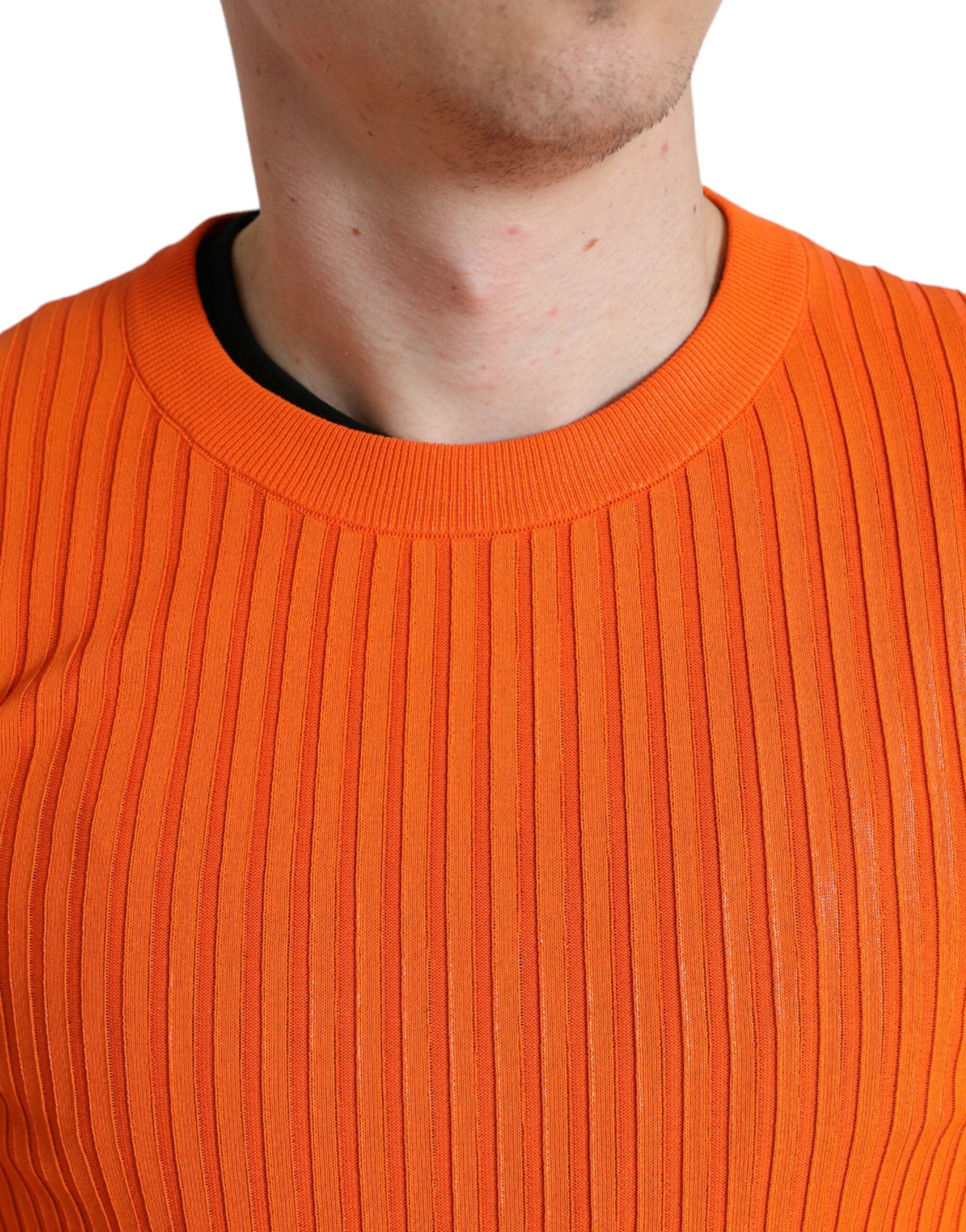 Oranje gebreide ronde hals heren pullover trui