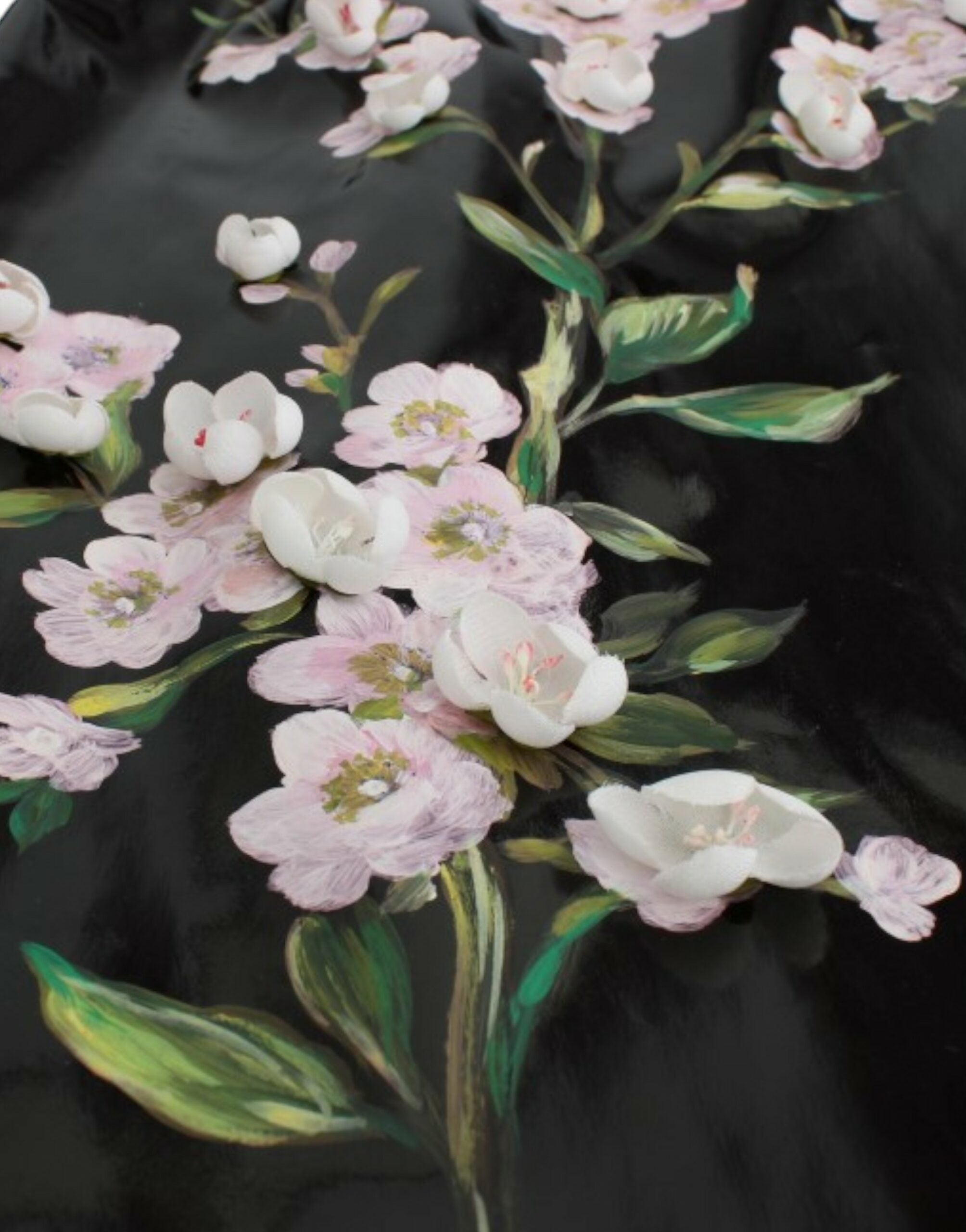 Zwarte lakjurk met HANDBESCHILDERDE bloemenprint