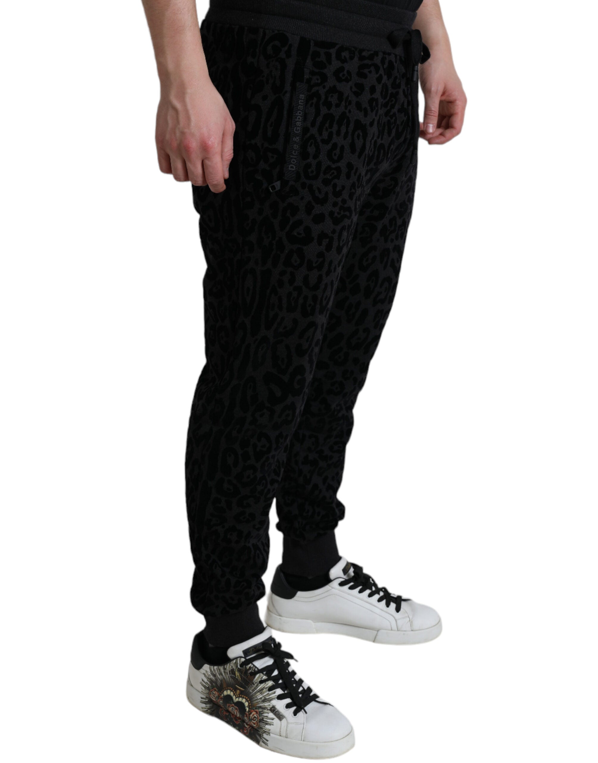 Zwarte luipaard katoenen slim fit joggingbroek