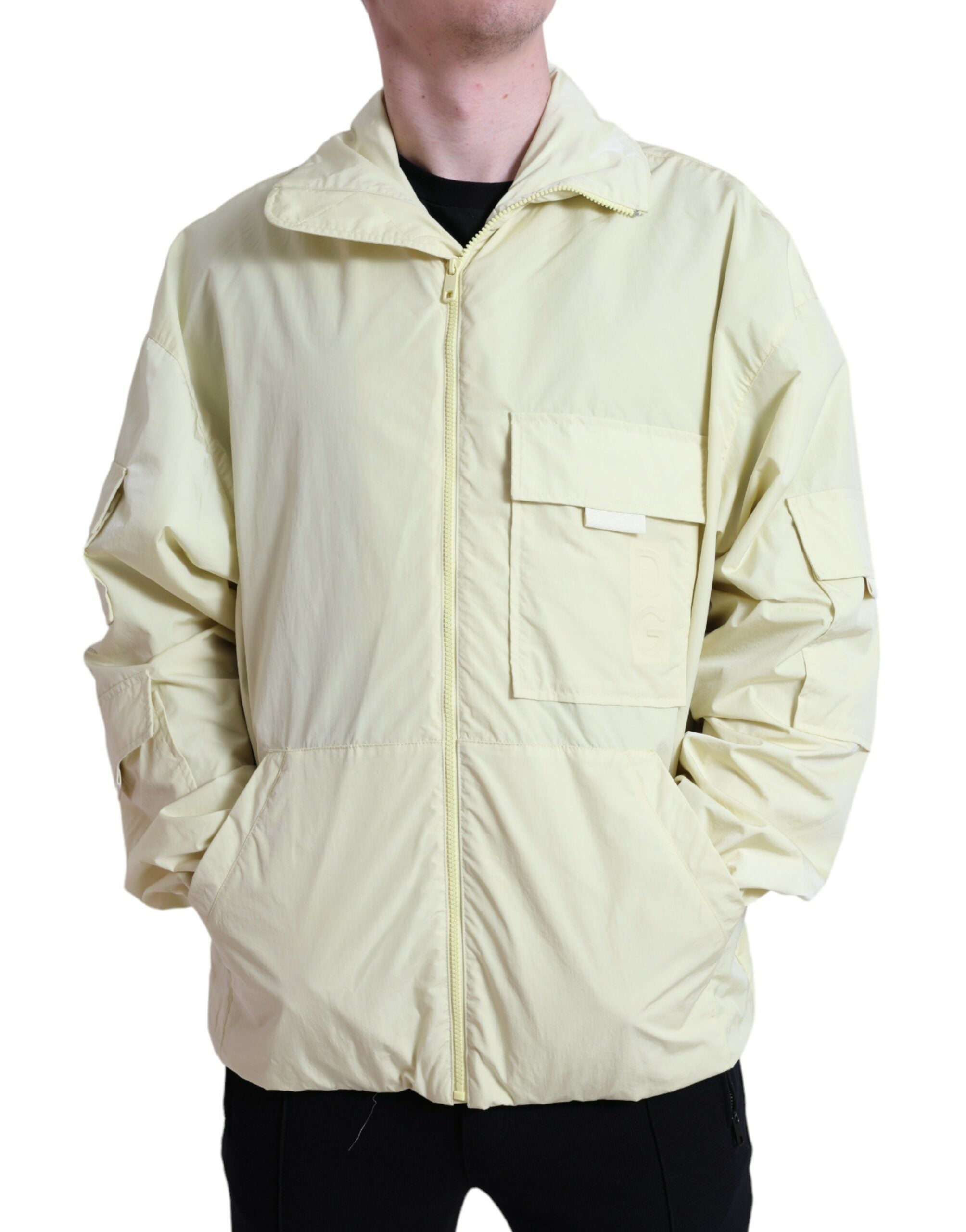 Gele nylon parka met kraag en volledige ritssluiting