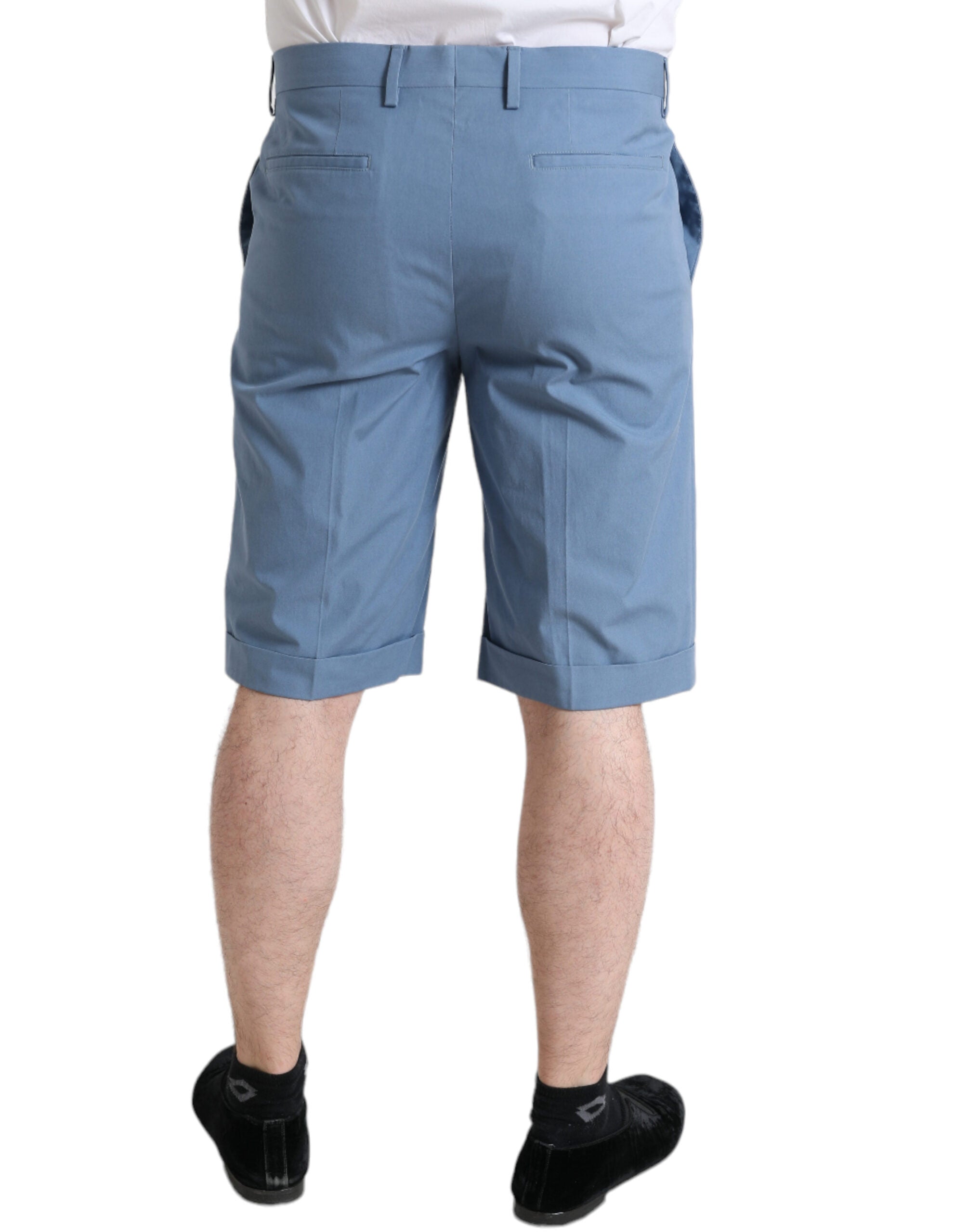 Hemelsblauwe katoenen Bermuda-shorts met gevouwen zoom voor heren