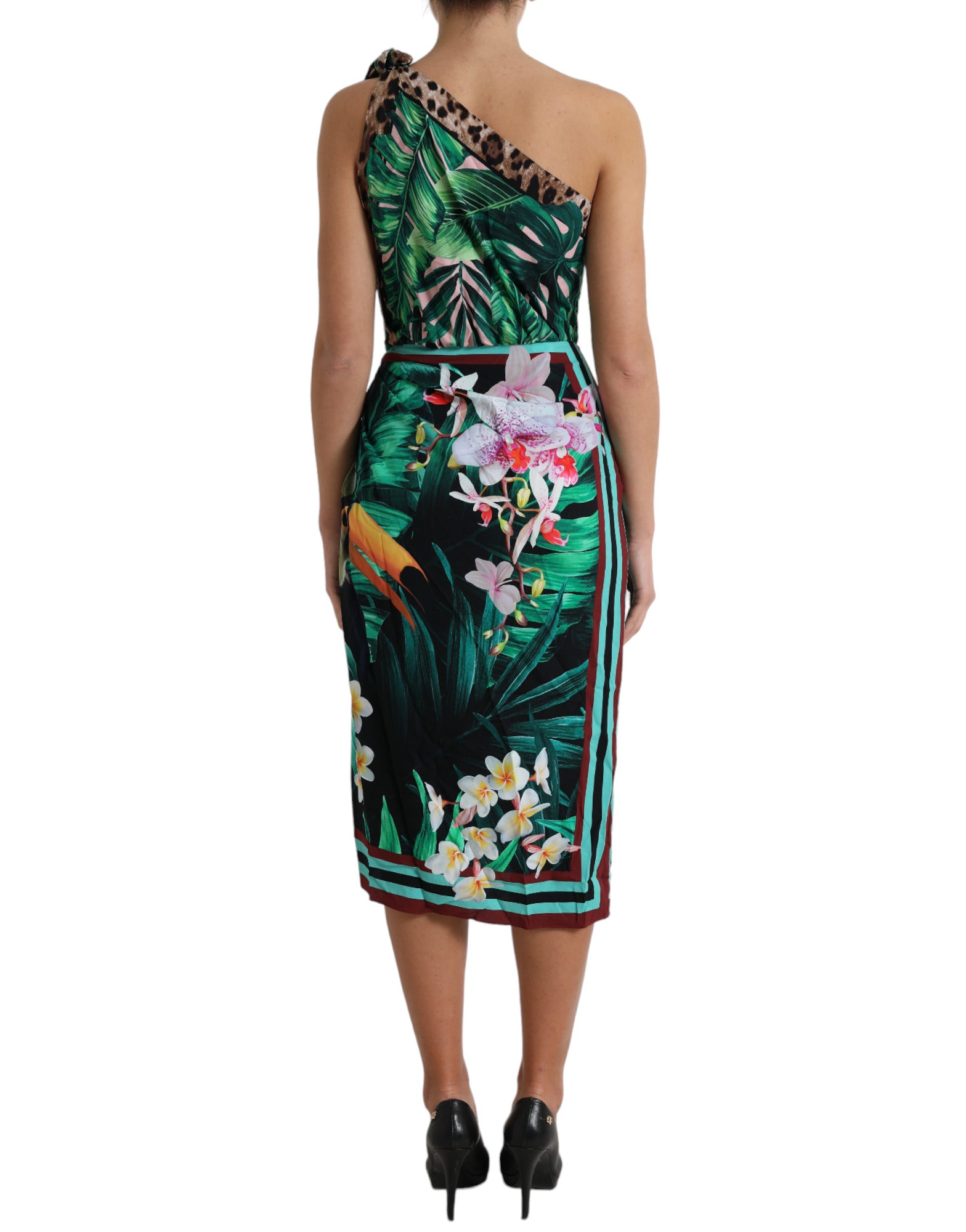 Groene tropische jungleprint midi-jurk met één schouder