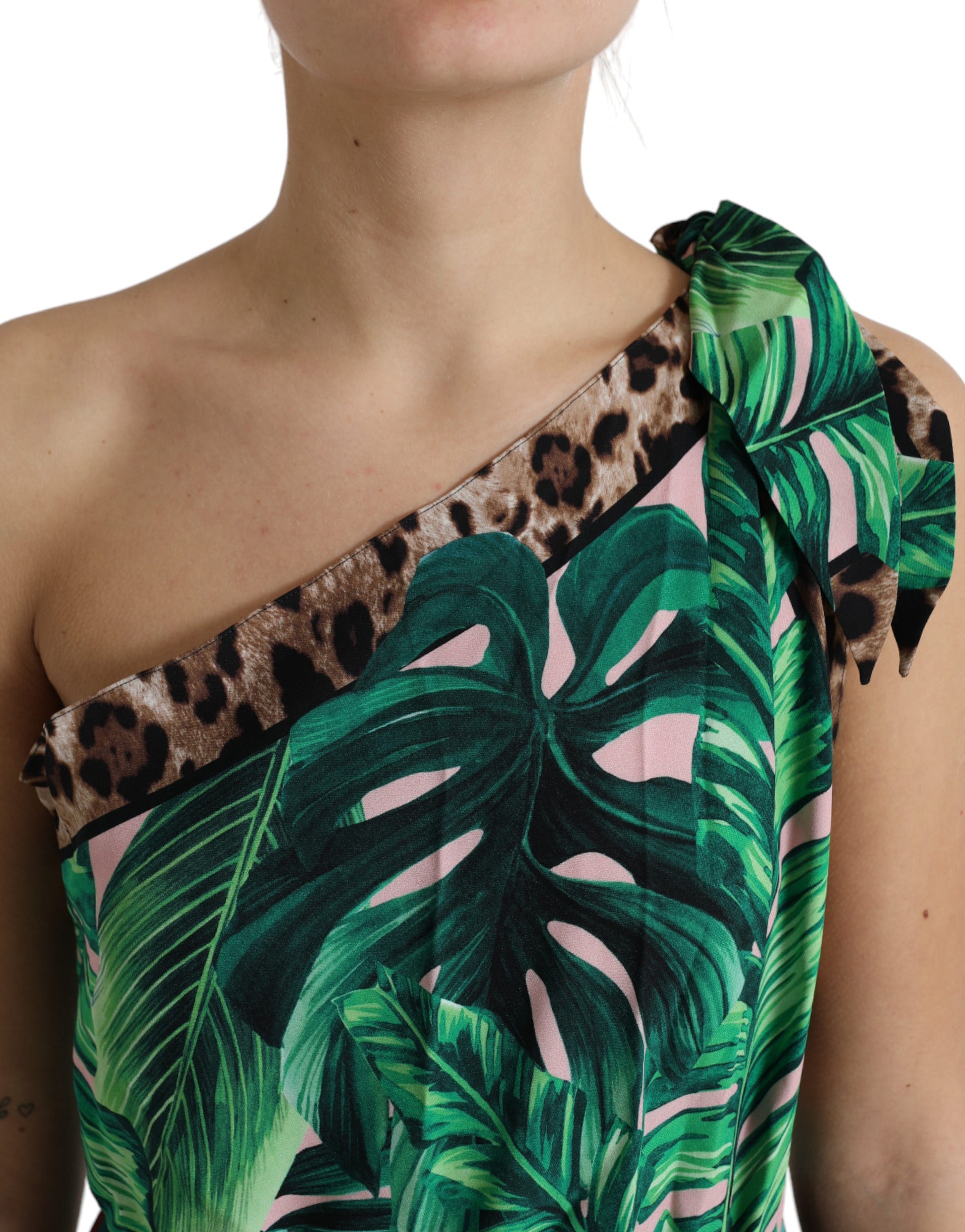 Groene tropische jungleprint midi-jurk met één schouder