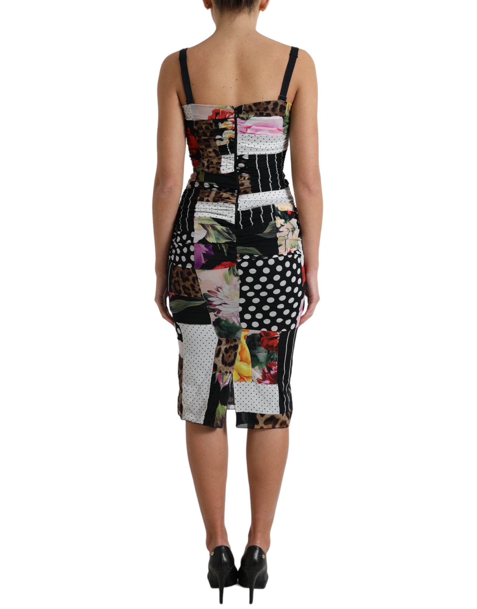 Meerkleurige patchwork midi-jurk met bloemenprint en luipaardprint