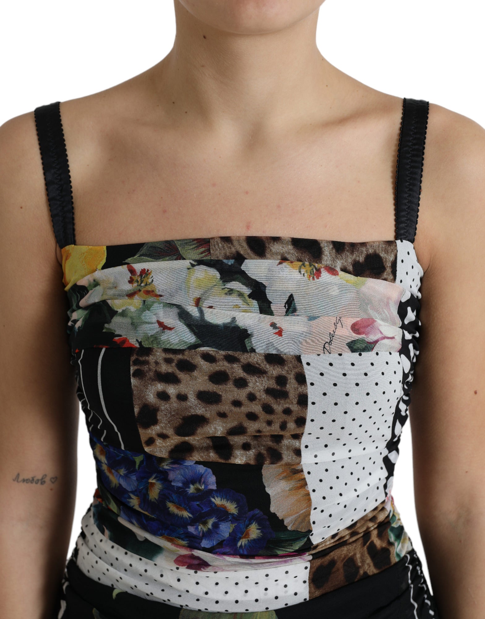 Meerkleurige patchwork midi-jurk met bloemenprint en luipaardprint