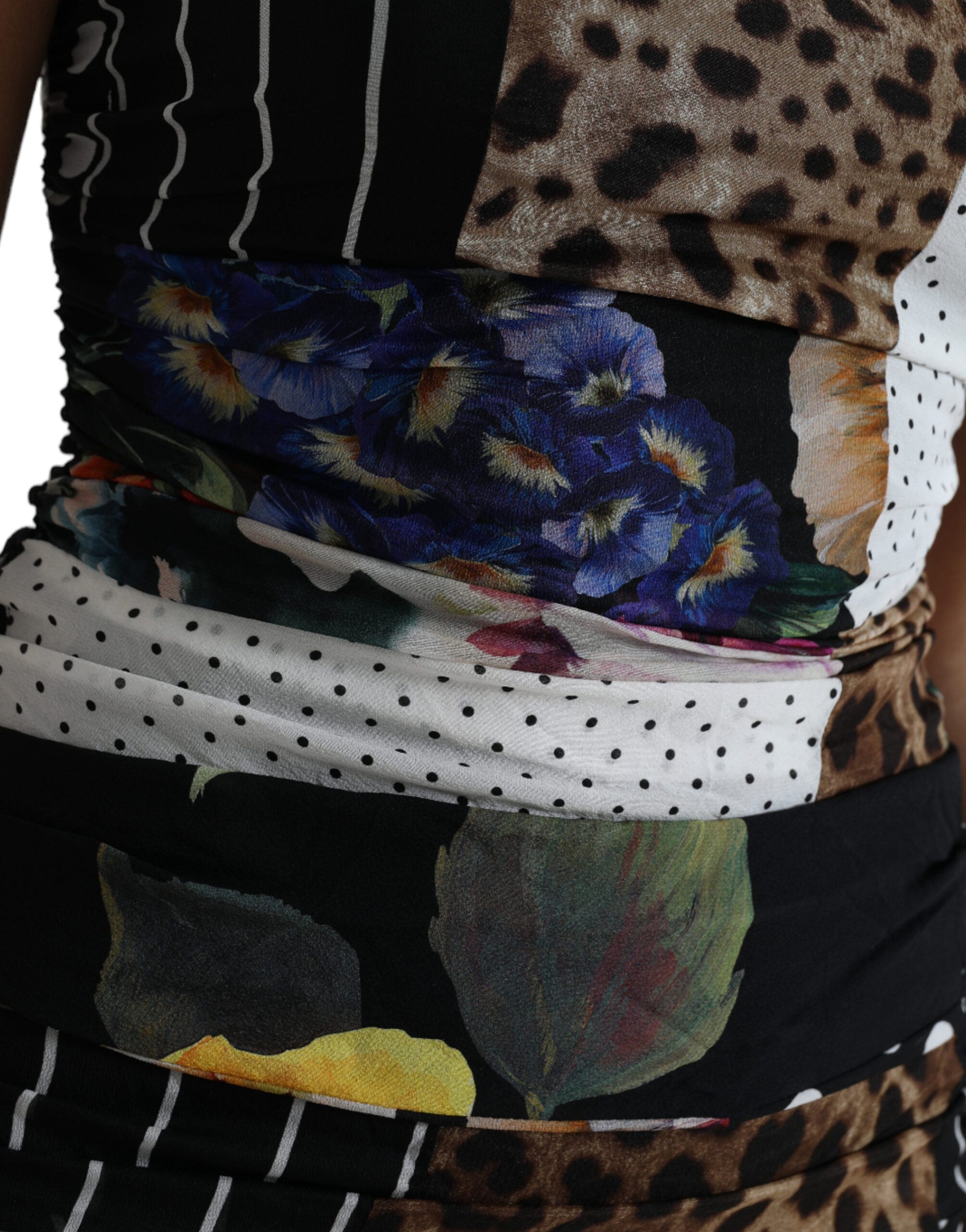 Meerkleurige patchwork midi-jurk met bloemenprint en luipaardprint