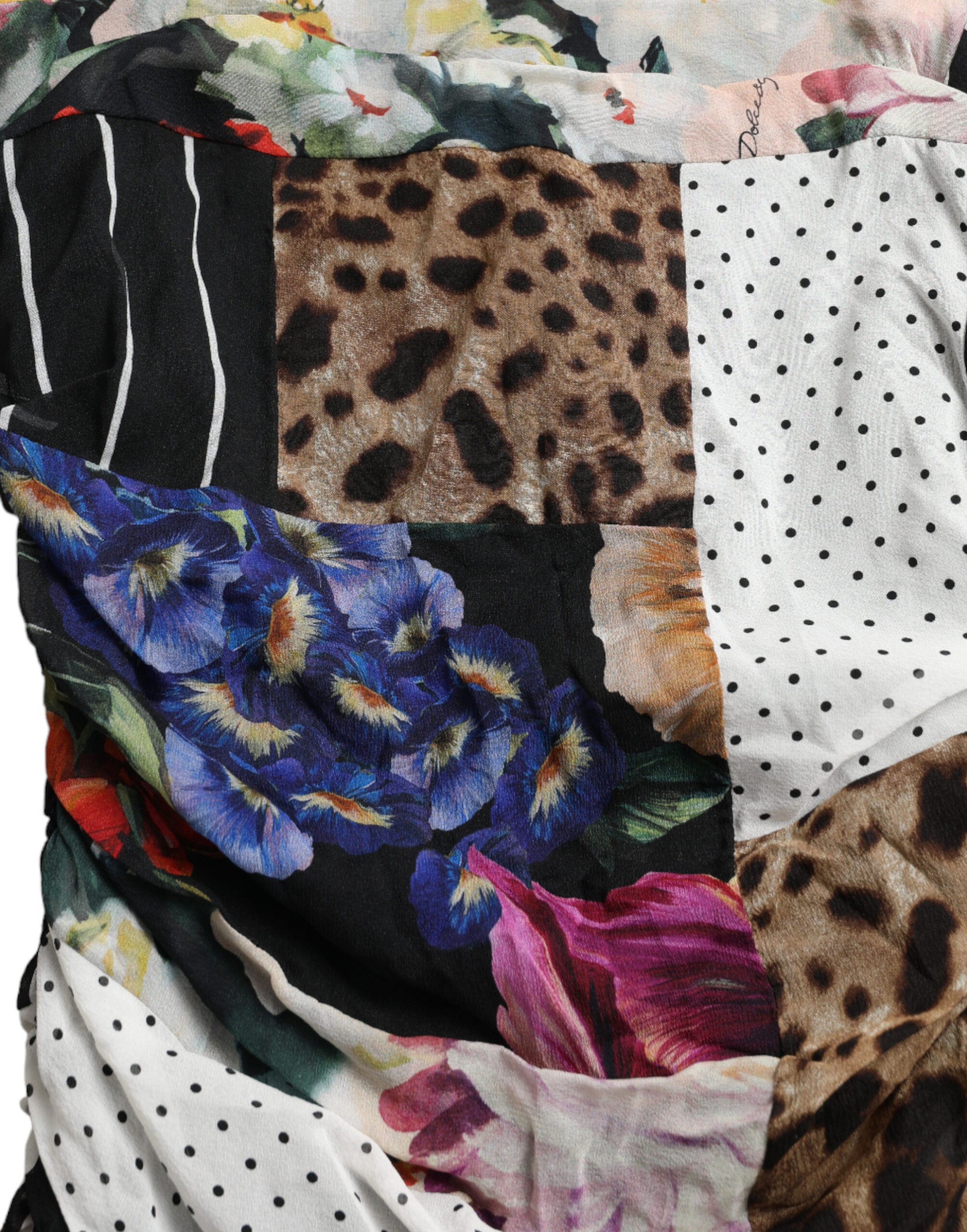 Meerkleurige patchwork midi-jurk met bloemenprint en luipaardprint