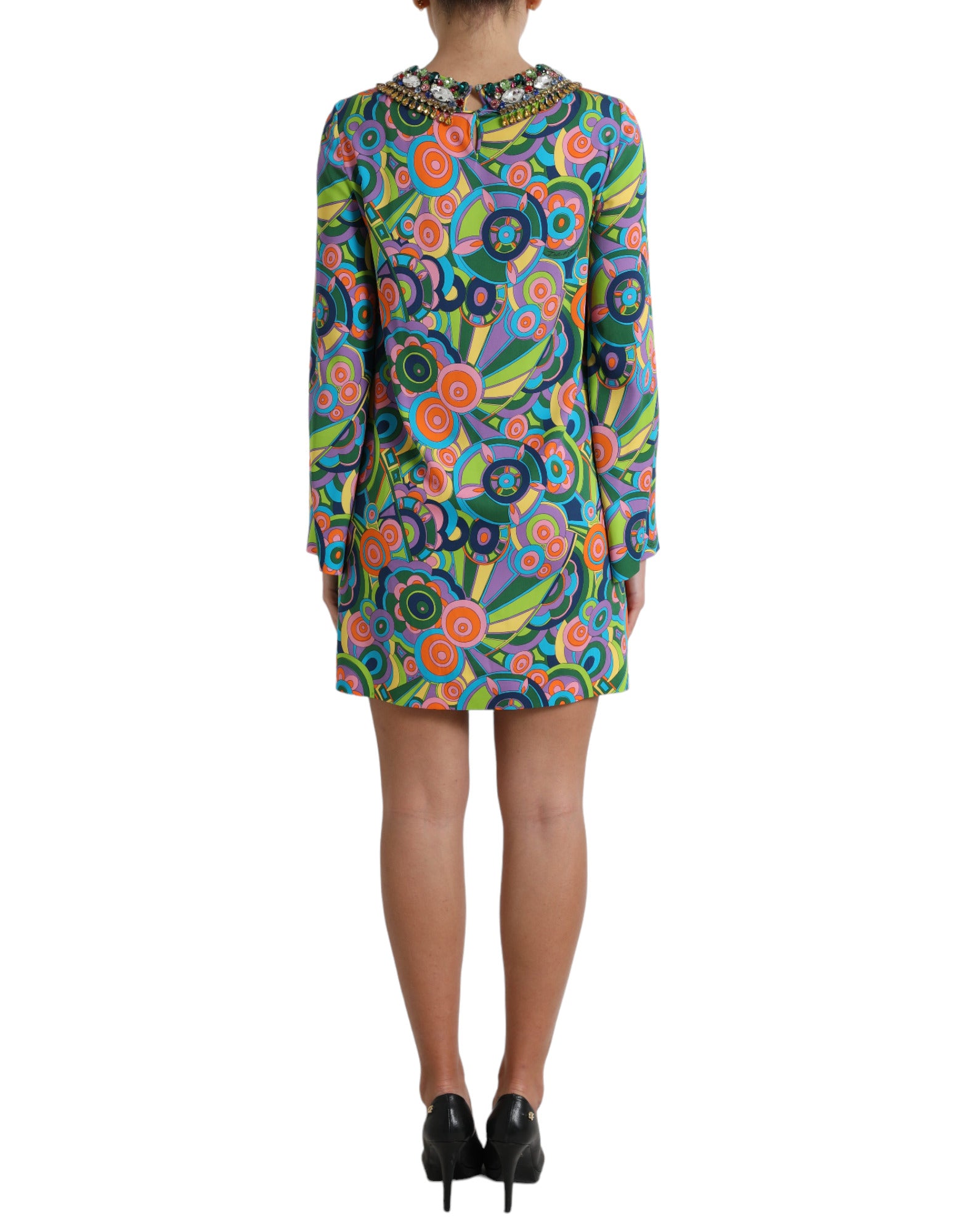 Multicolor geometrische print zijden kristallen midi-jurk