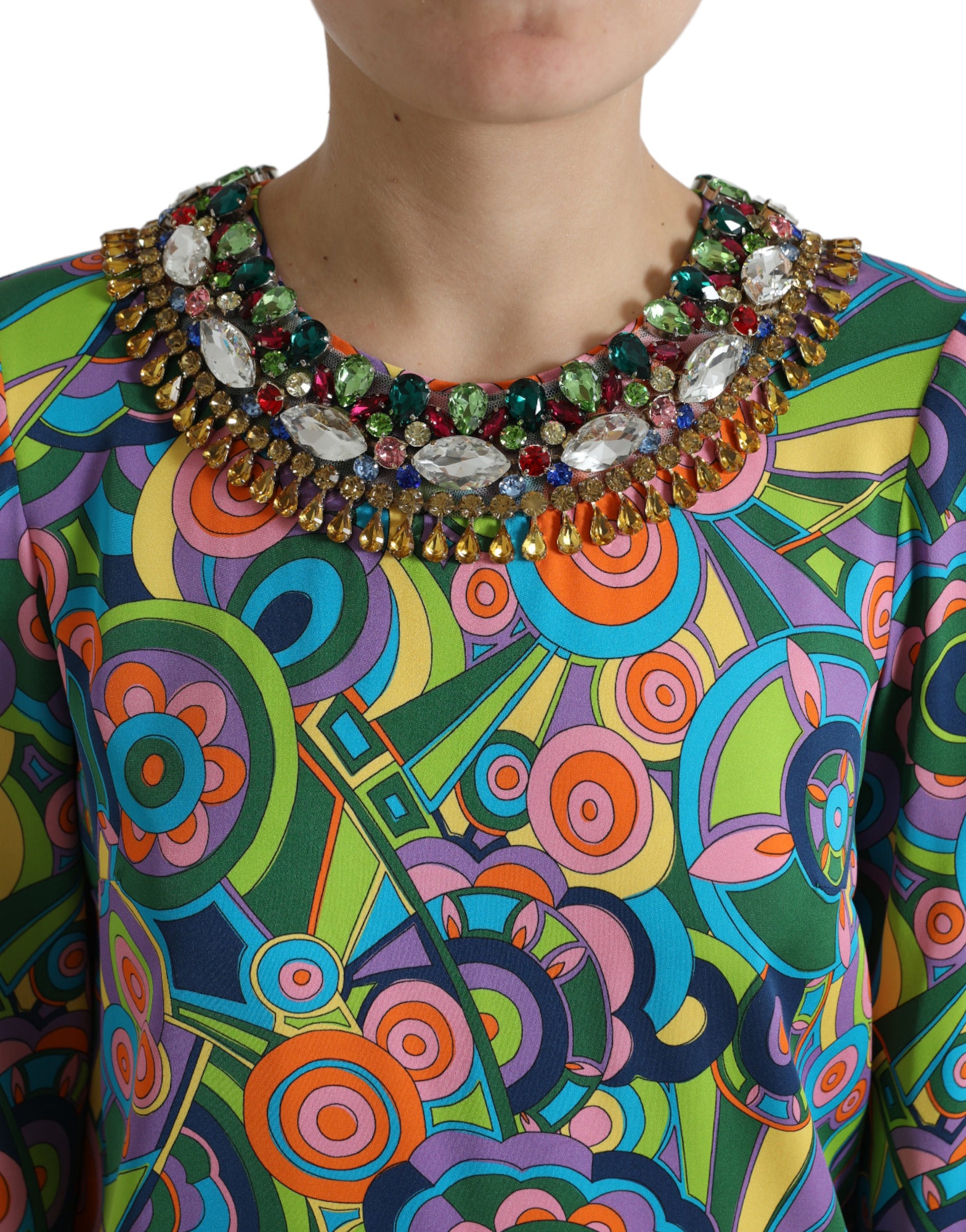 Multicolor geometrische print zijden kristallen midi-jurk