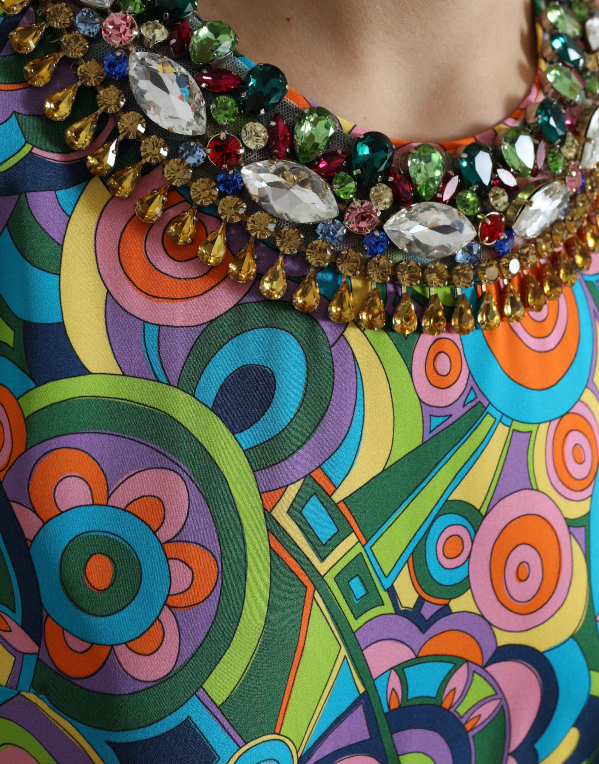 Multicolor geometrische print zijden kristallen midi-jurk