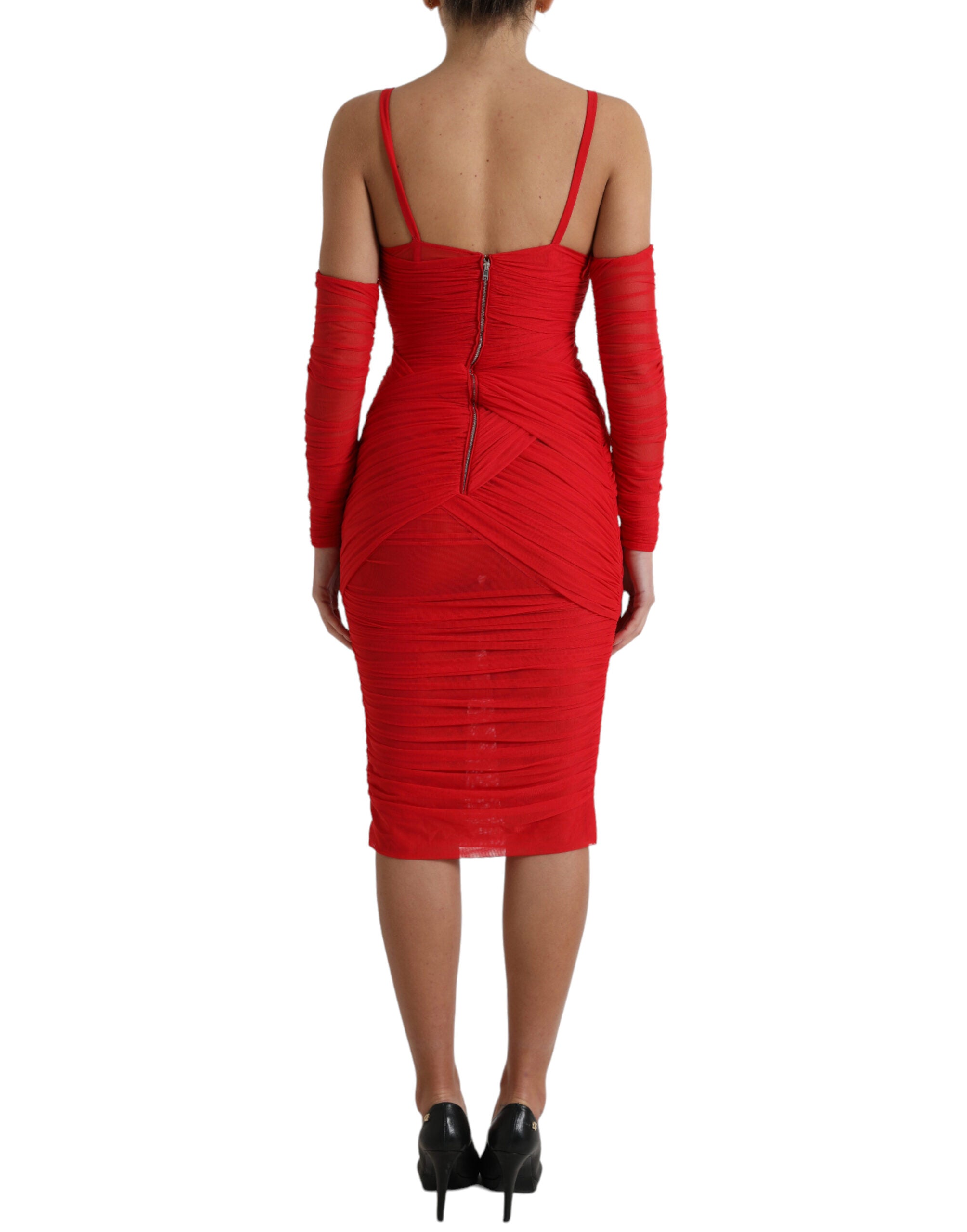 Rode nylon stretch midi-jurk met uitgesneden zijkanten