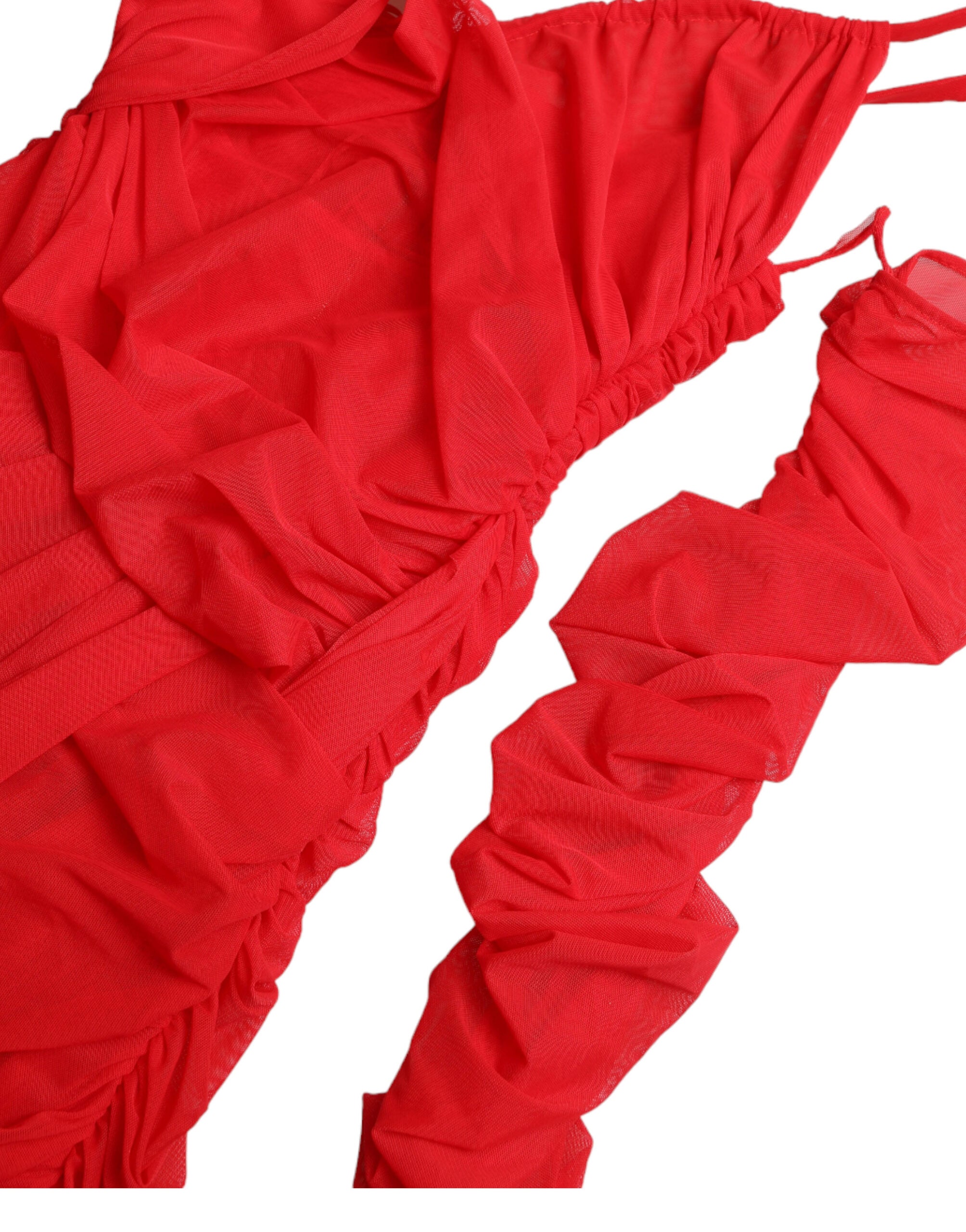 Rode nylon stretch midi-jurk met uitgesneden zijkanten