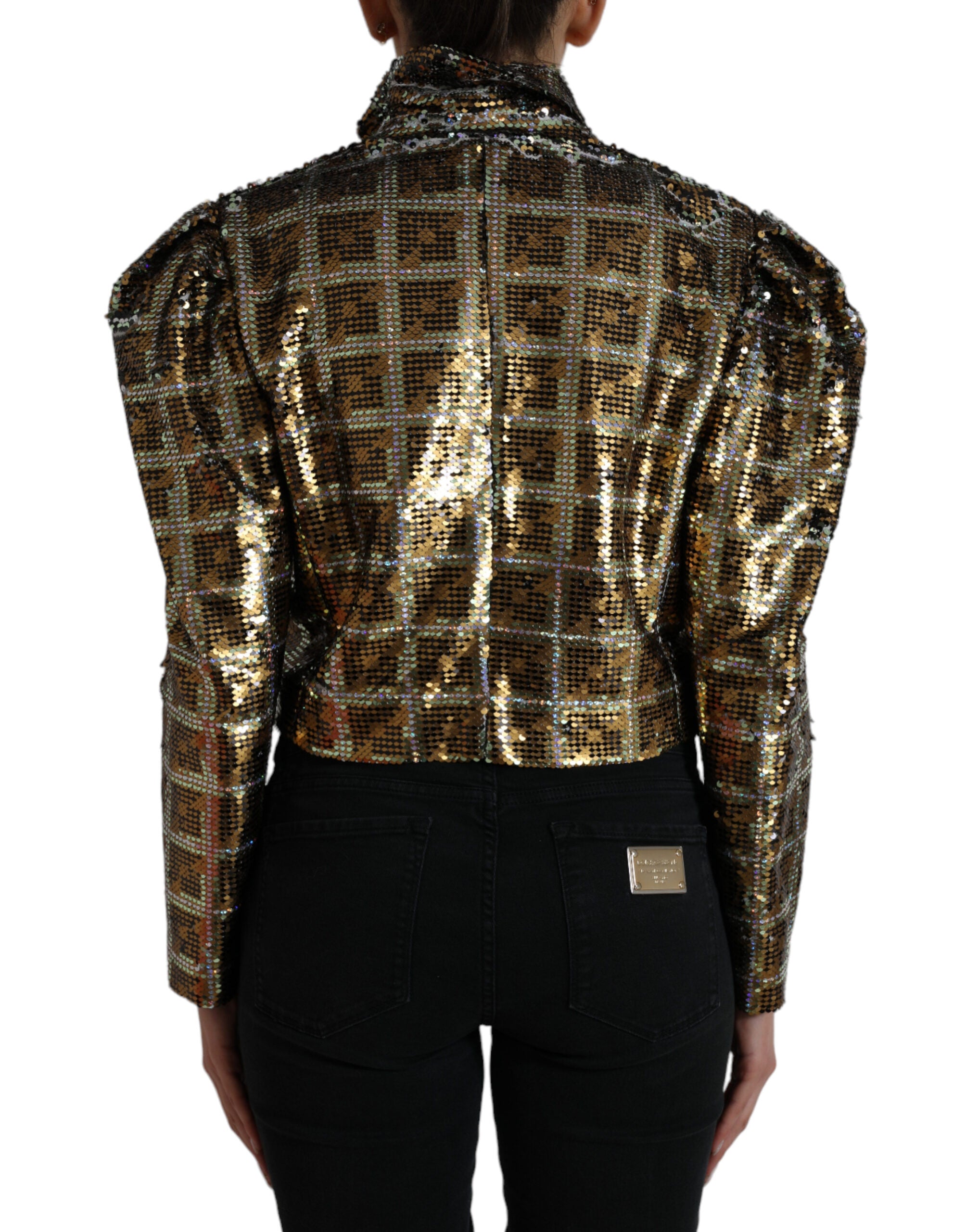 Meerkleurige polyester pailletten cropped jas