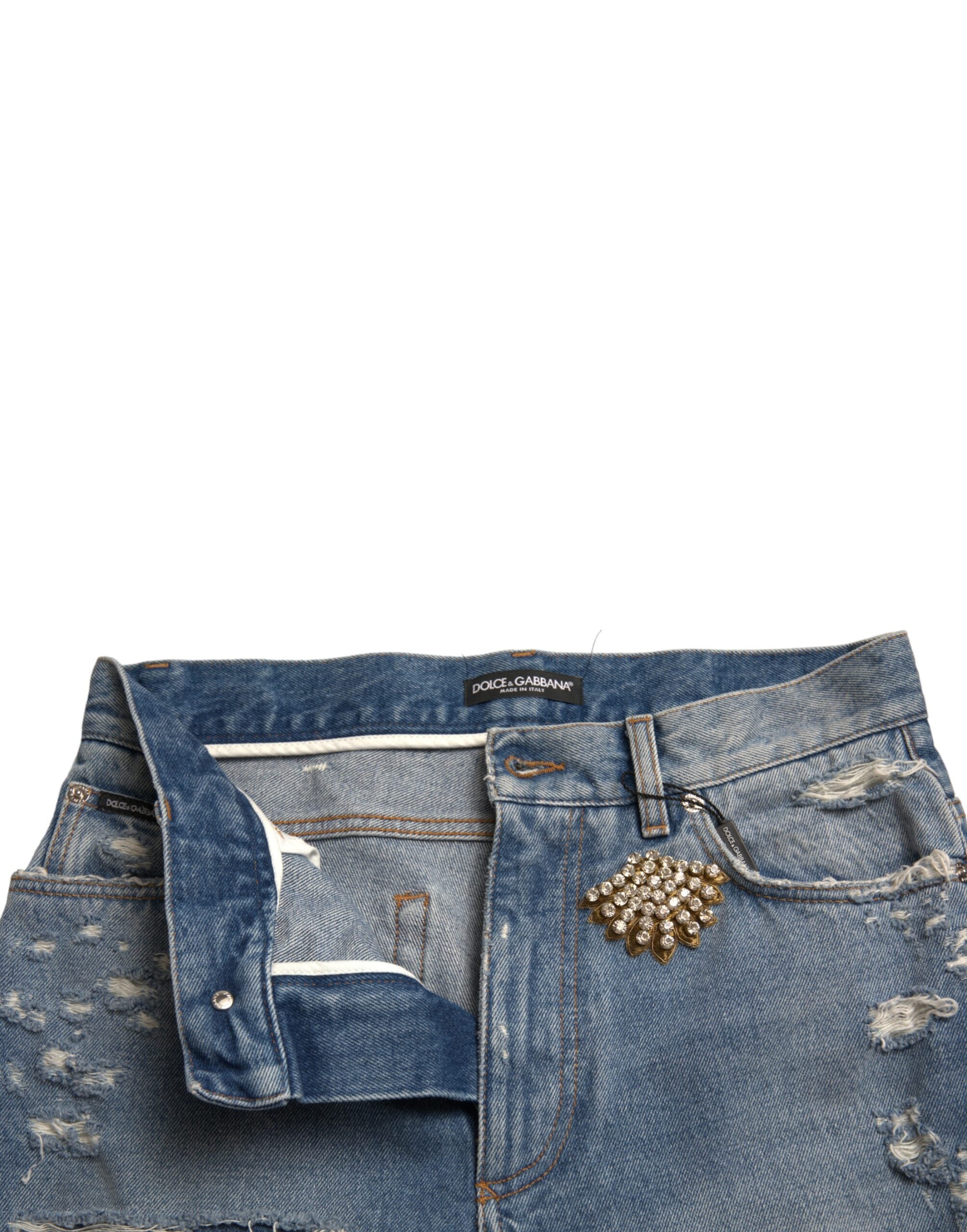Blauwe, gehavende, versierde Bermuda-shorts