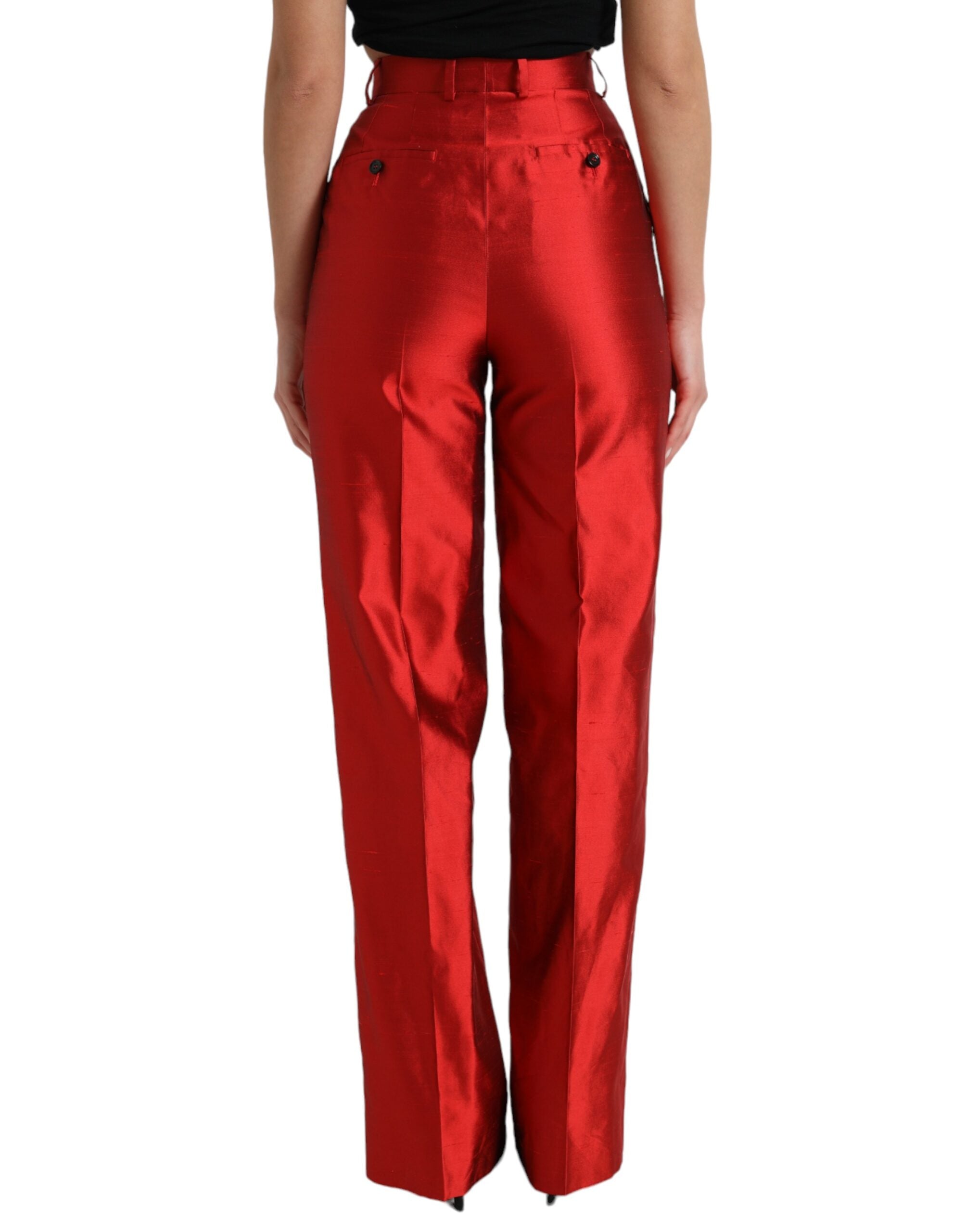 Rode satijnen zijden broek met hoge taille en wijde pijpen