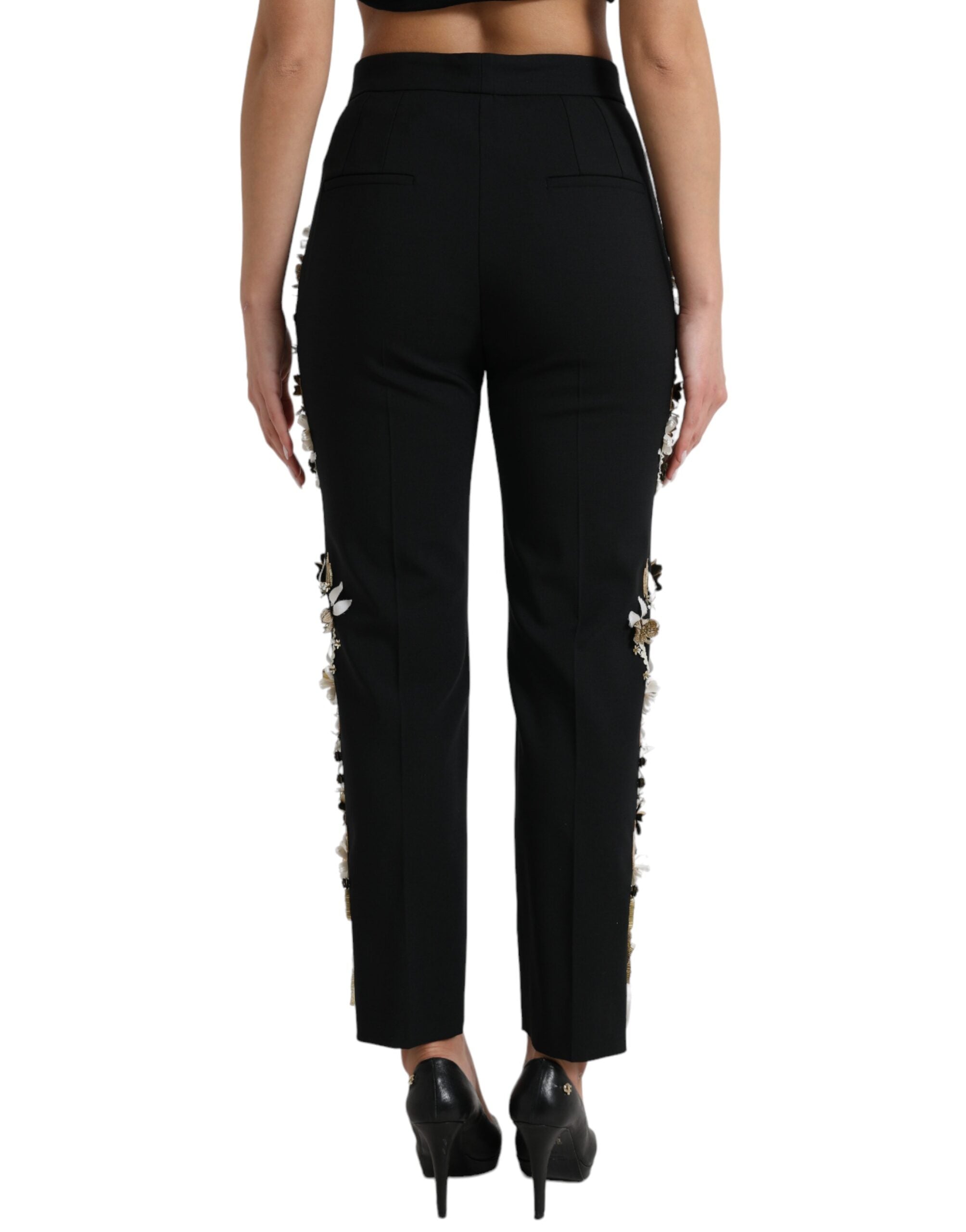 Zwarte bloemenapplicatie hoge taille taps toelopende broek