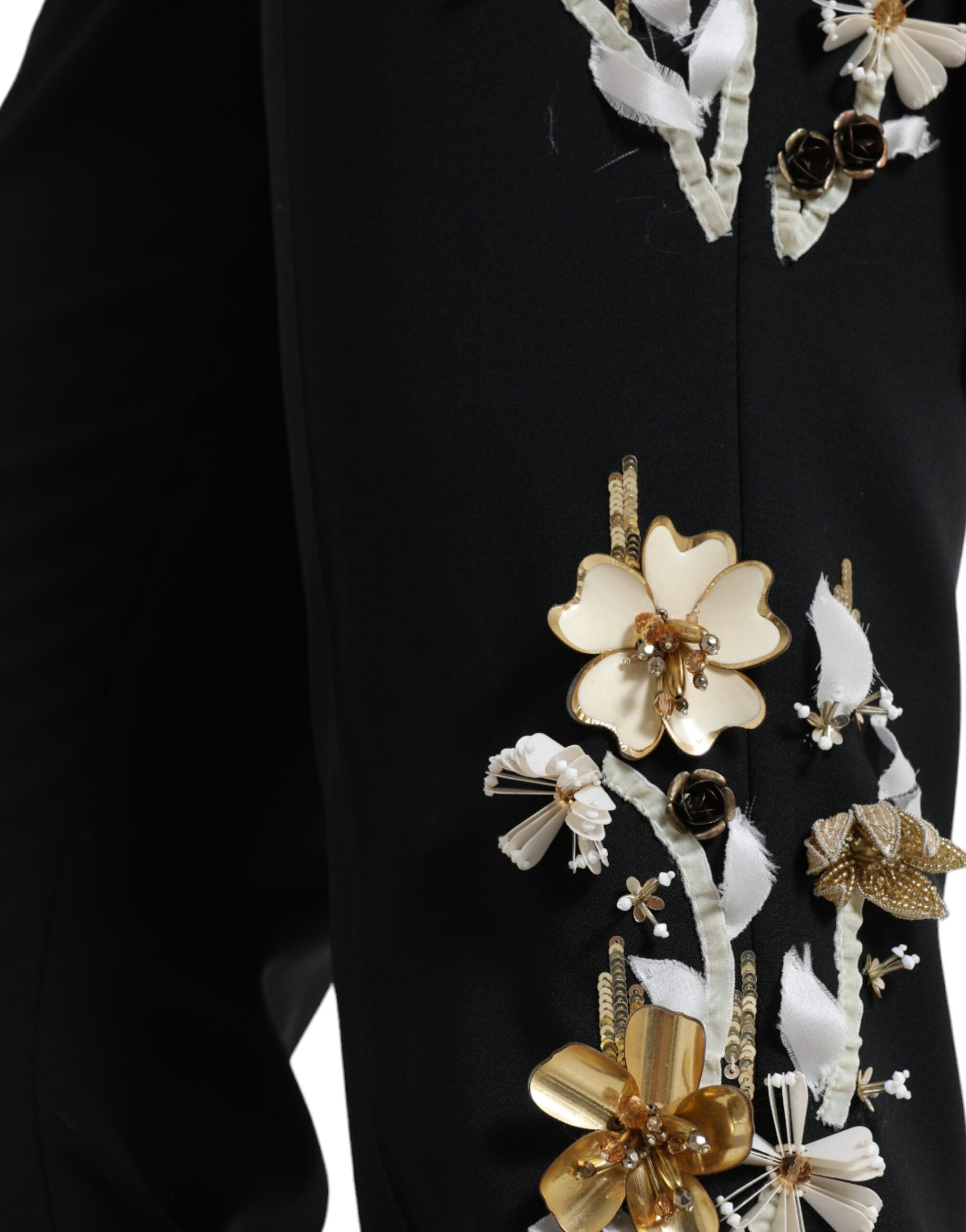 Zwarte bloemenapplicatie hoge taille taps toelopende broek