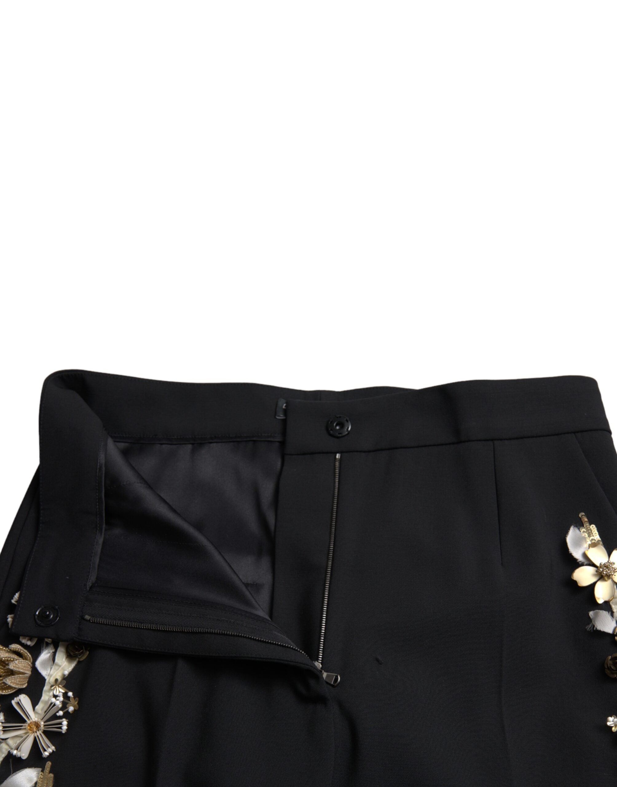 Zwarte bloemenapplicatie hoge taille taps toelopende broek