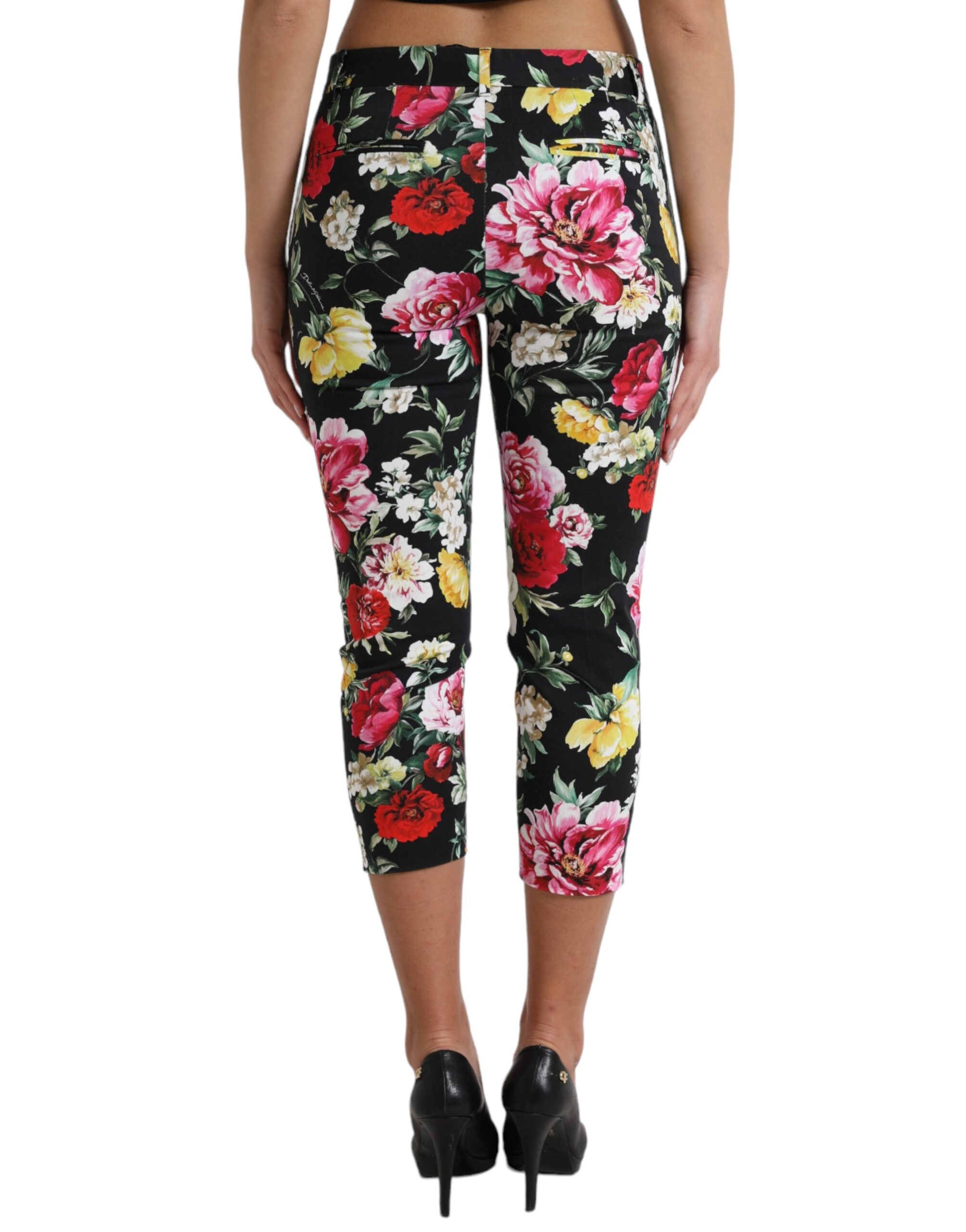 Zwarte cropped broek met bloemenprint en middelhoge taille