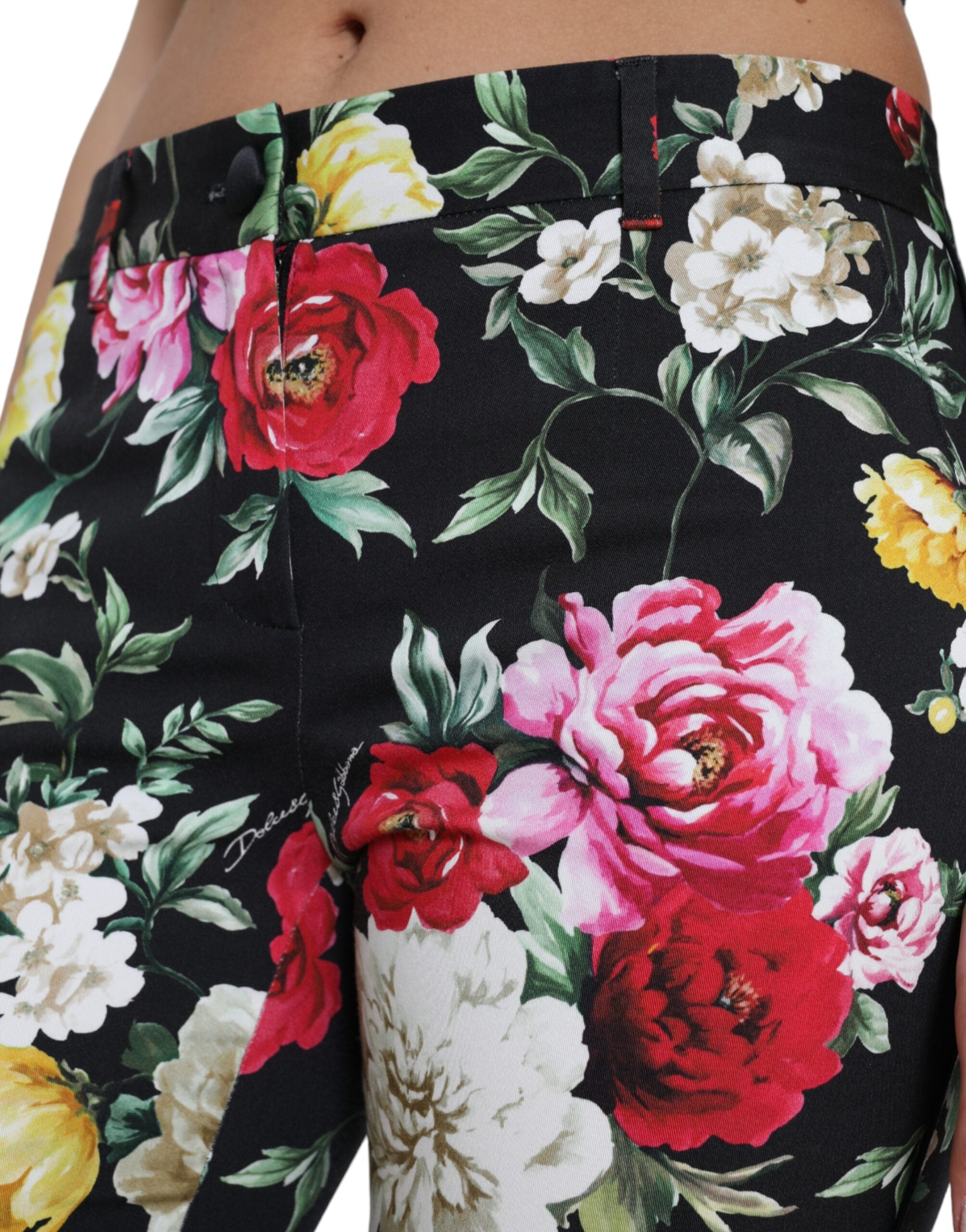 Zwarte cropped broek met bloemenprint en middelhoge taille