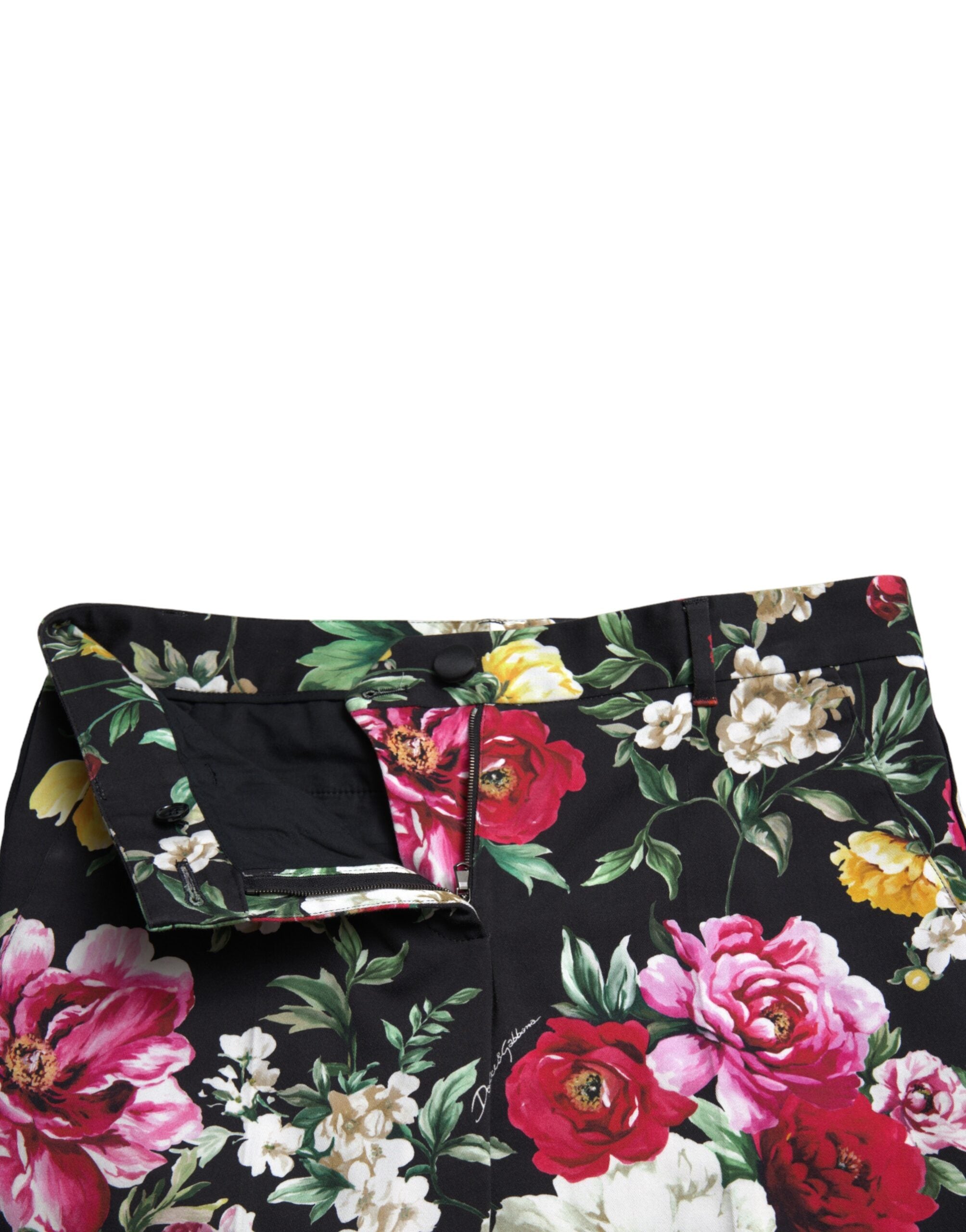 Zwarte cropped broek met bloemenprint en middelhoge taille