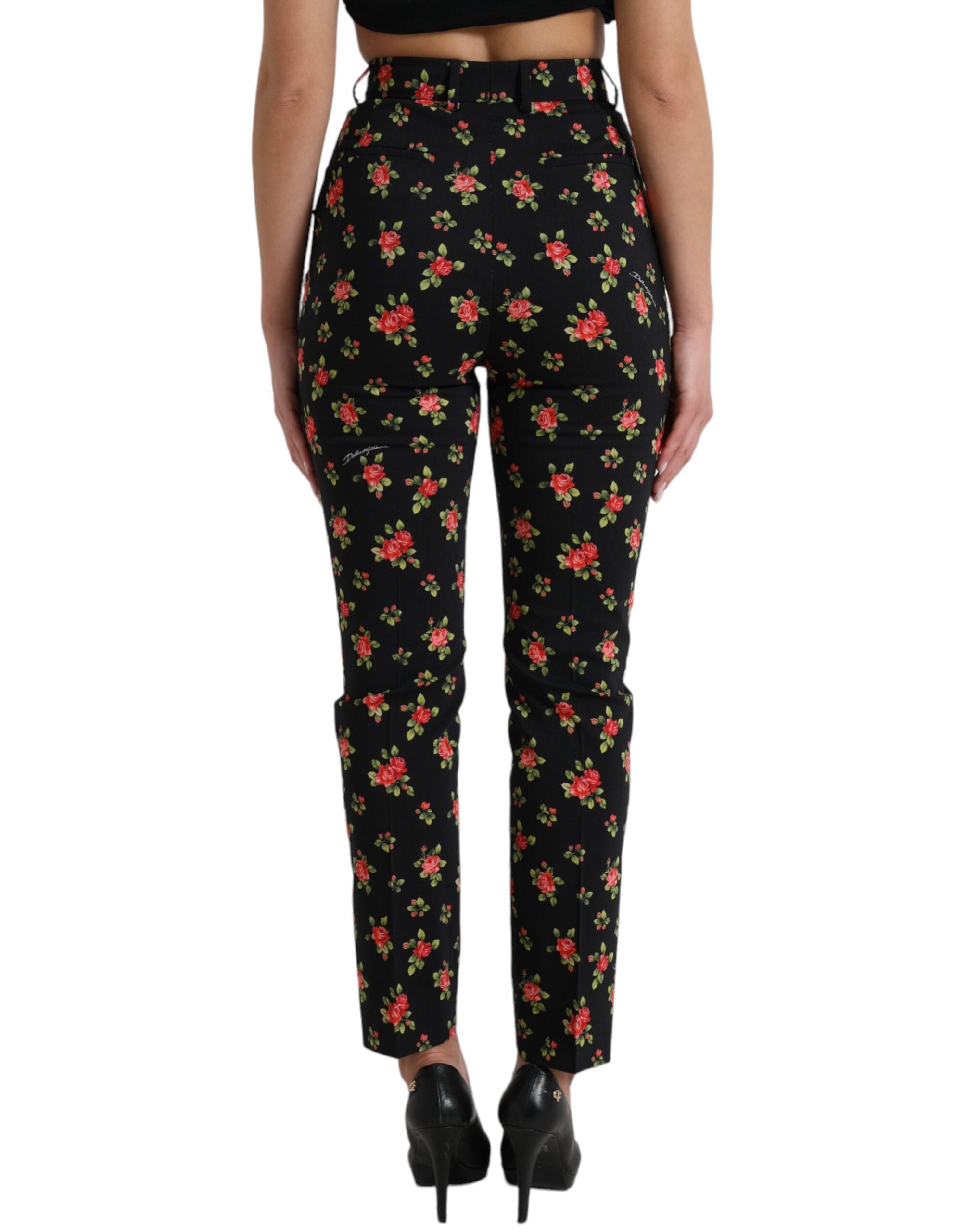 Zwarte bloemen wollen hoge taille taps toelopende broek