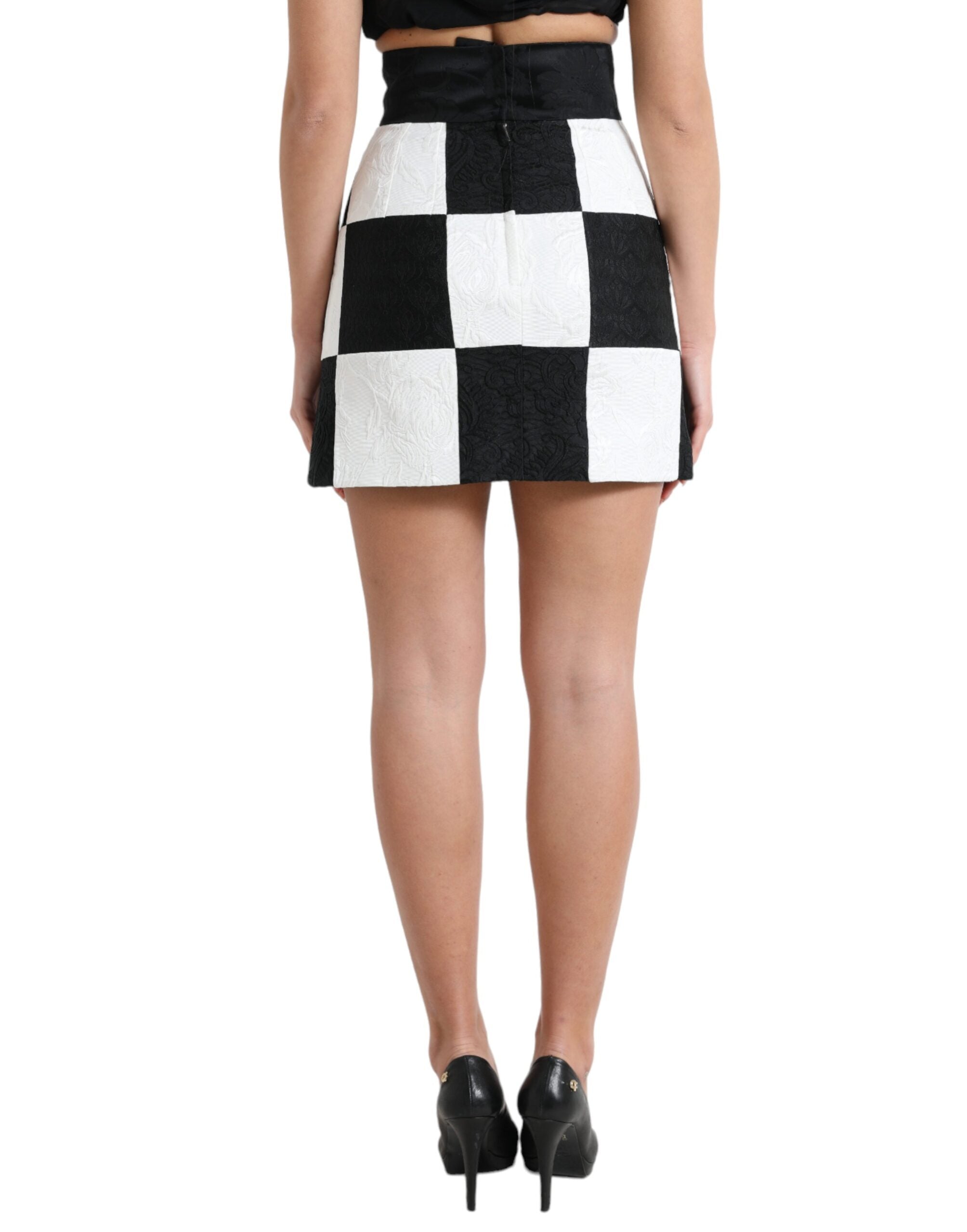 Zwart-witte bloemenbrokaat hoge taille rok