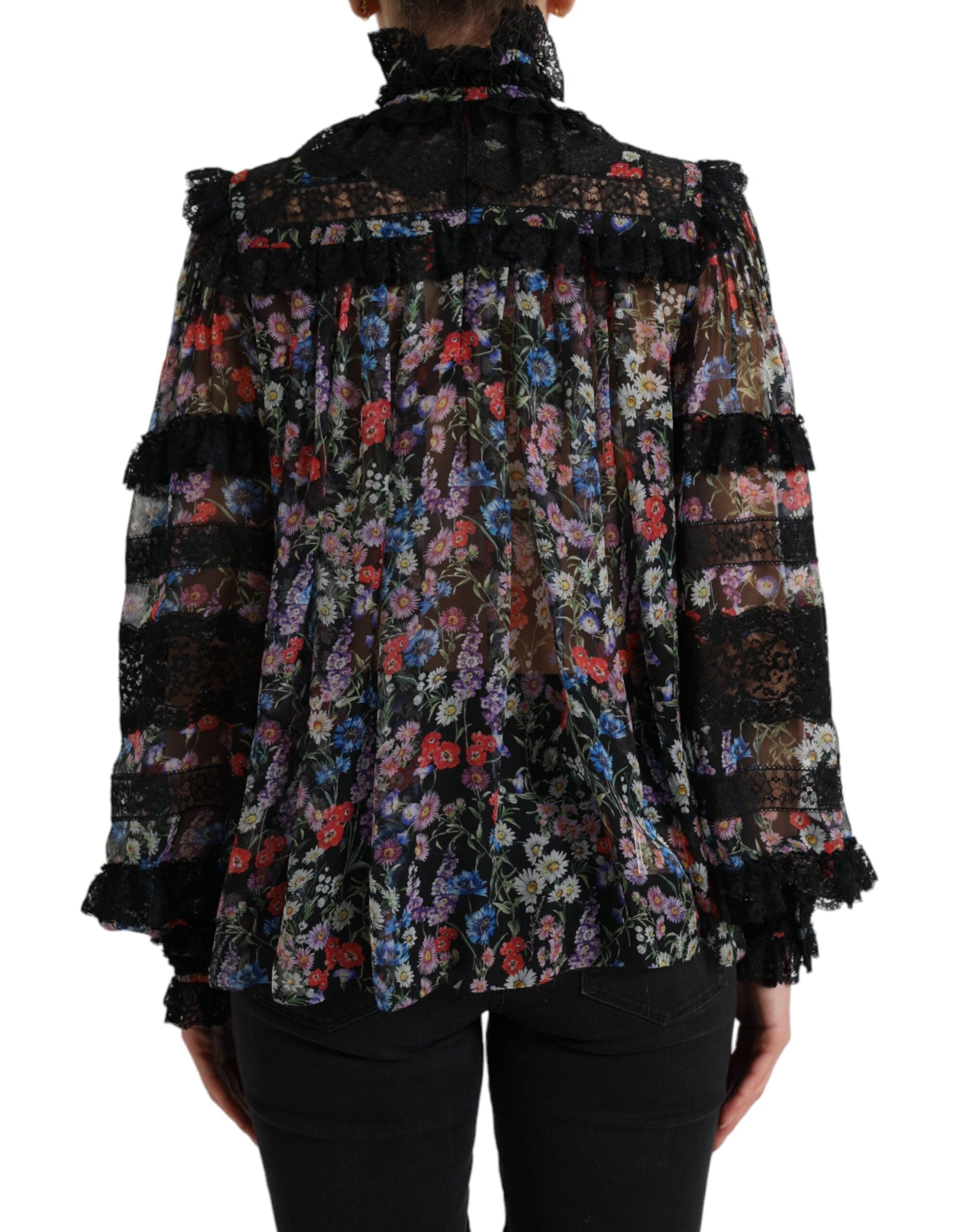 Zwarte blouse met lange mouwen en bloemenprint