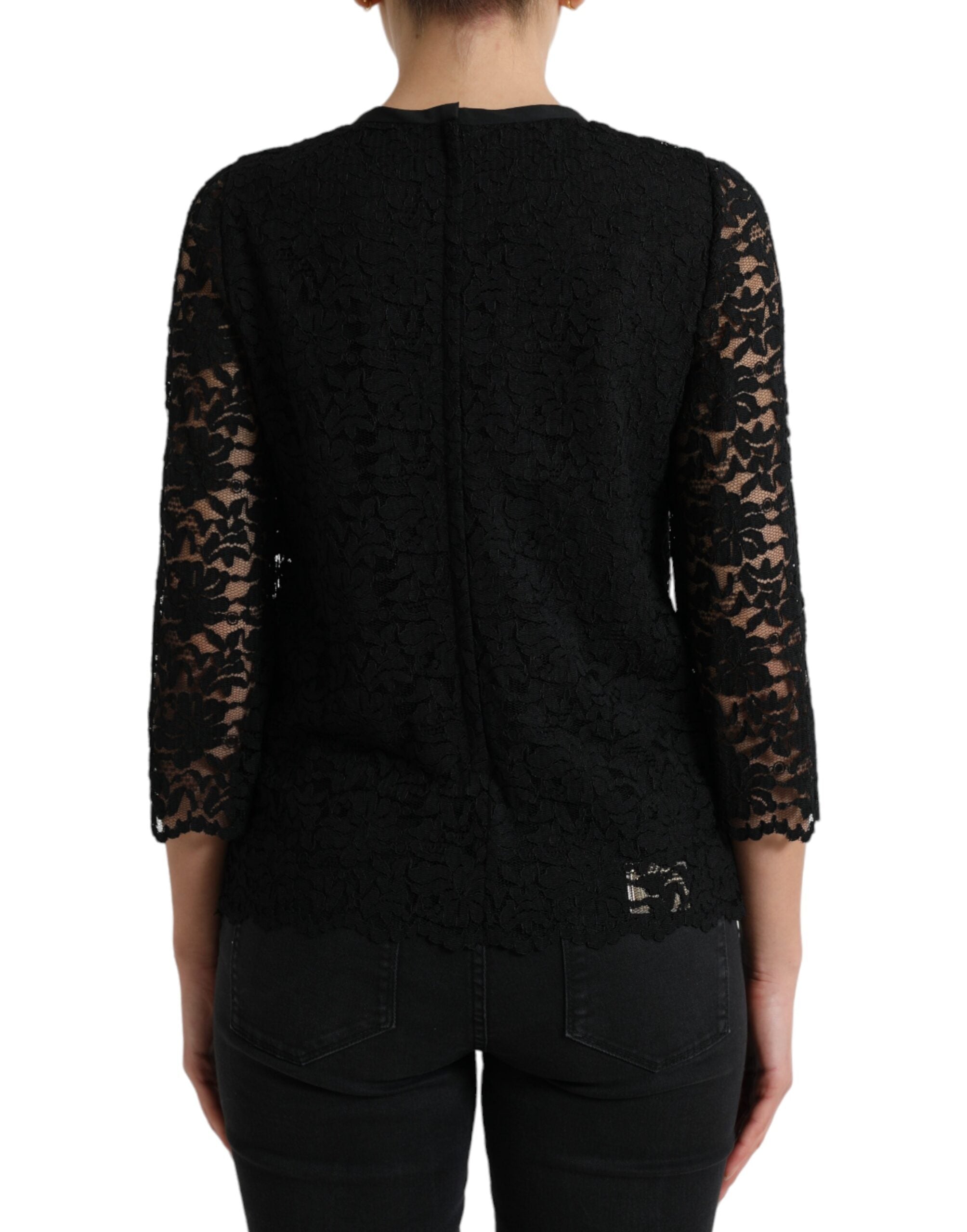 Zwarte STAFF blouse met bloemenkant en nylon top