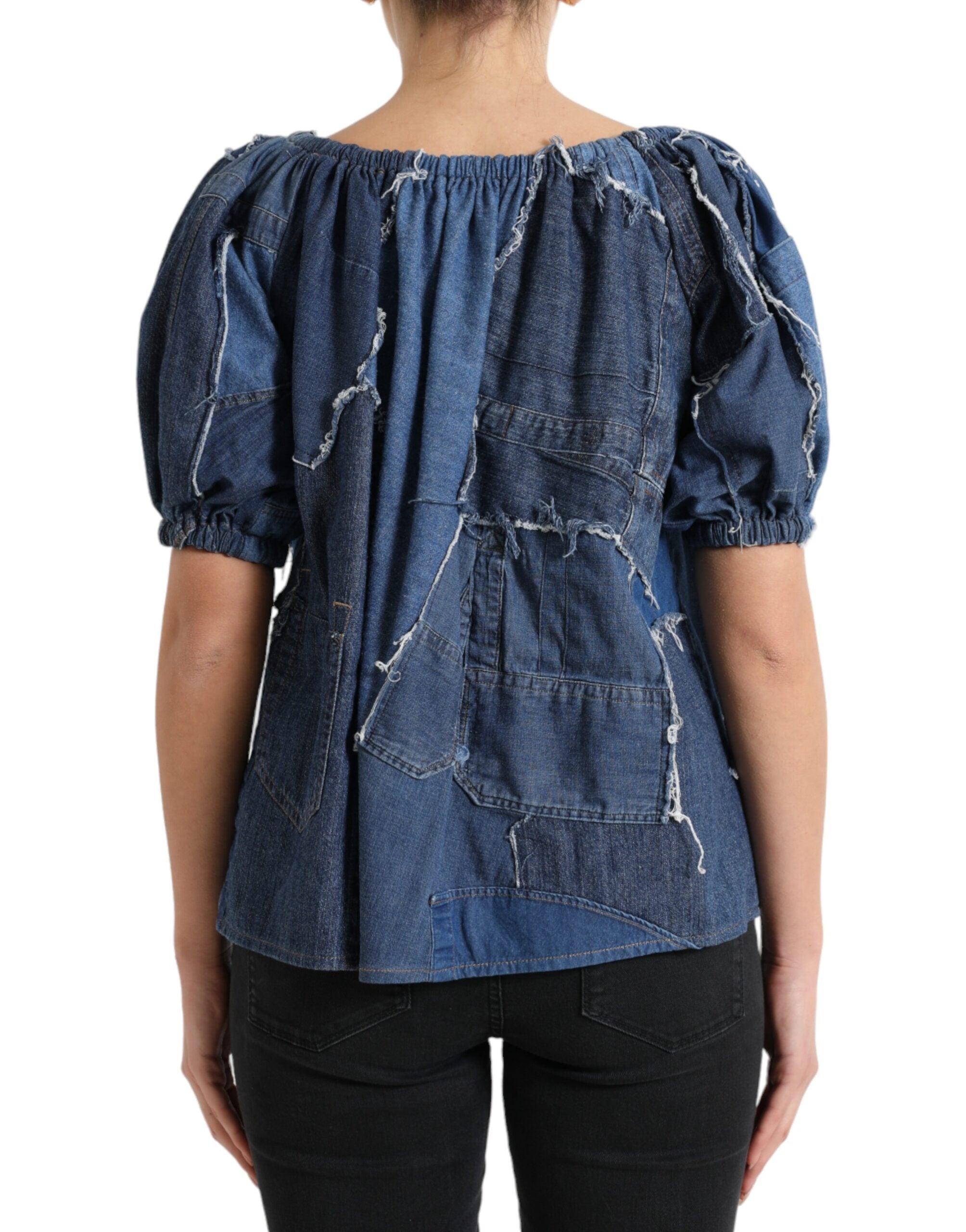 Blauwe patchwork denim blouse met korte mouwen