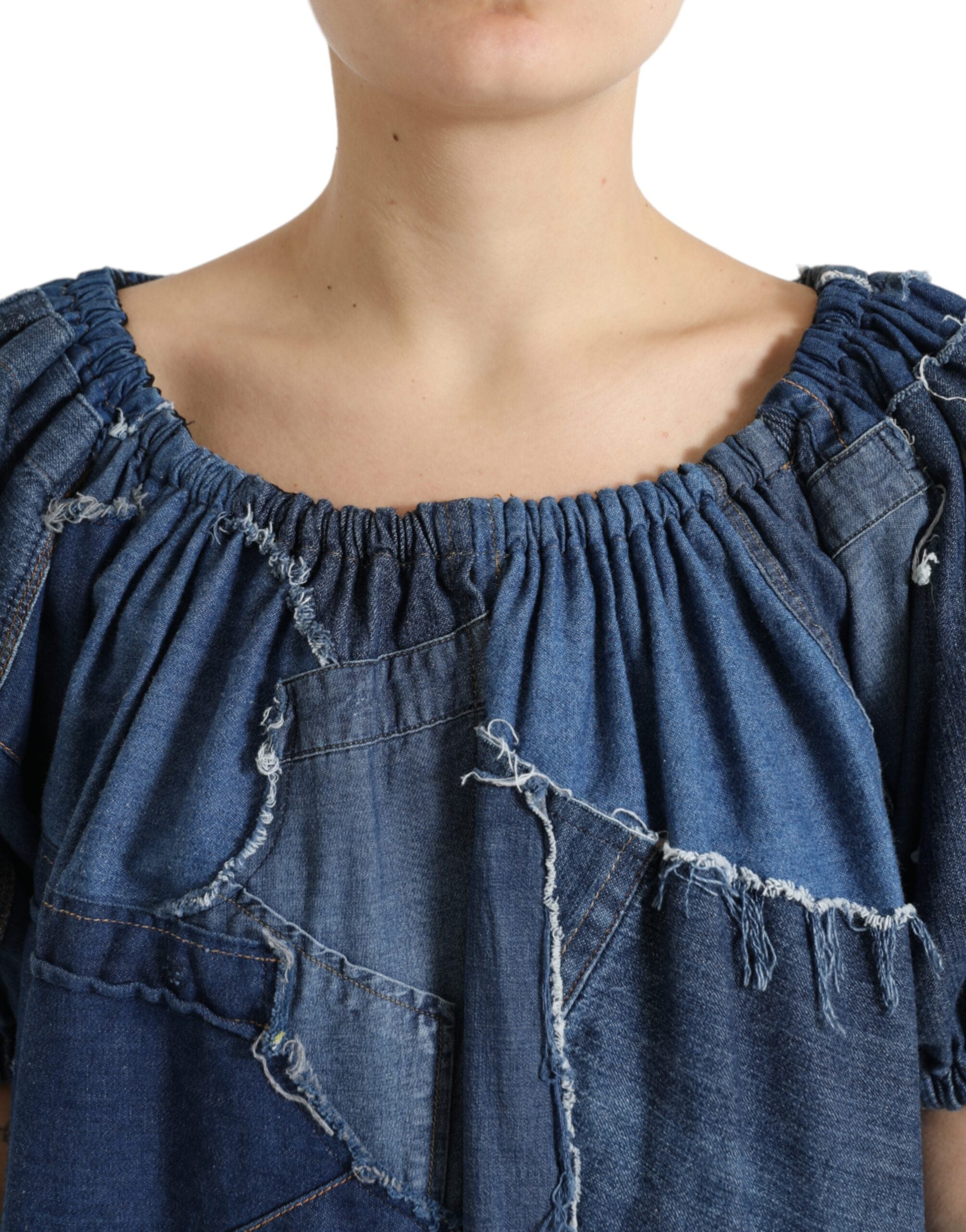 Blauwe patchwork denim blouse met korte mouwen