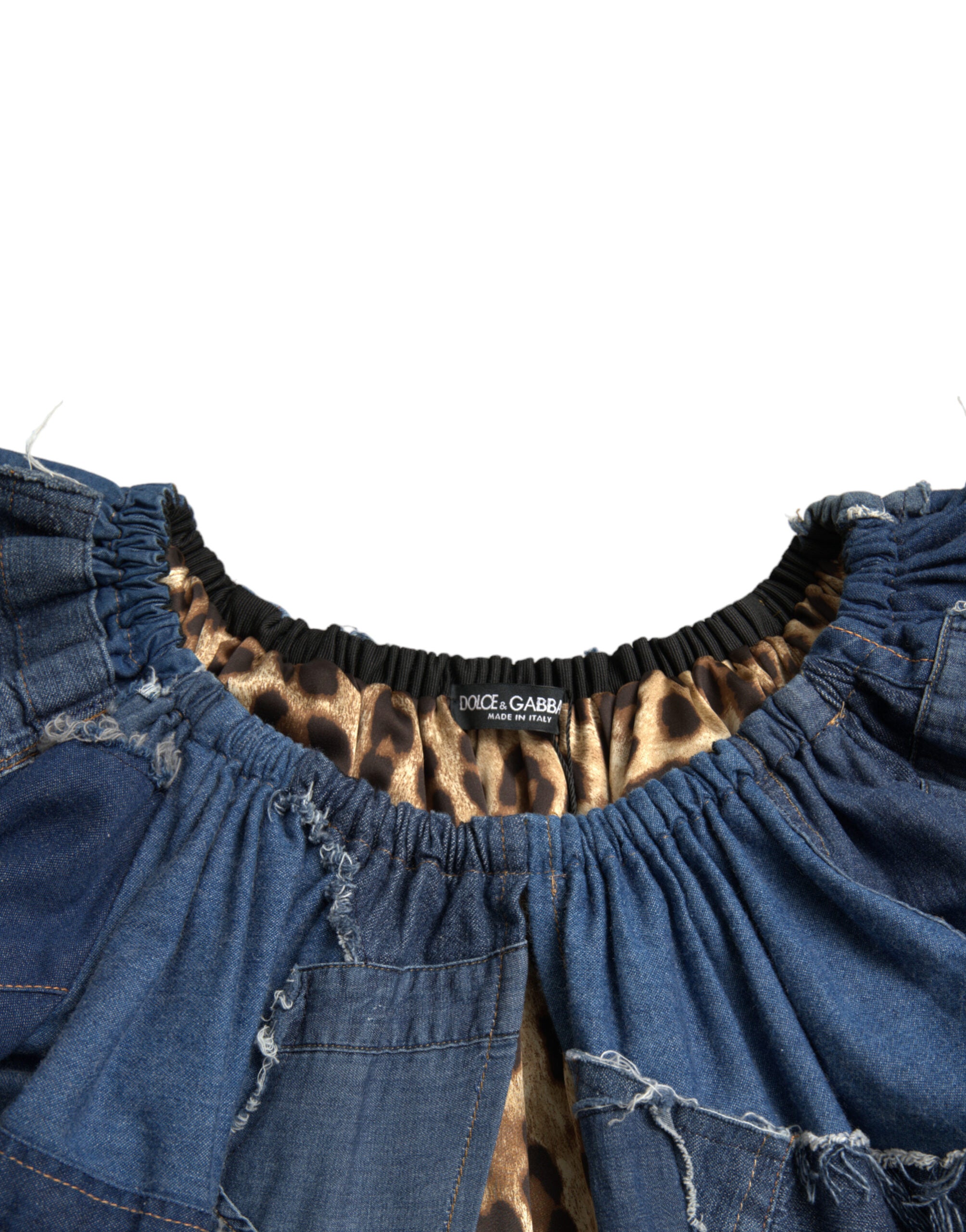 Blauwe patchwork denim blouse met korte mouwen