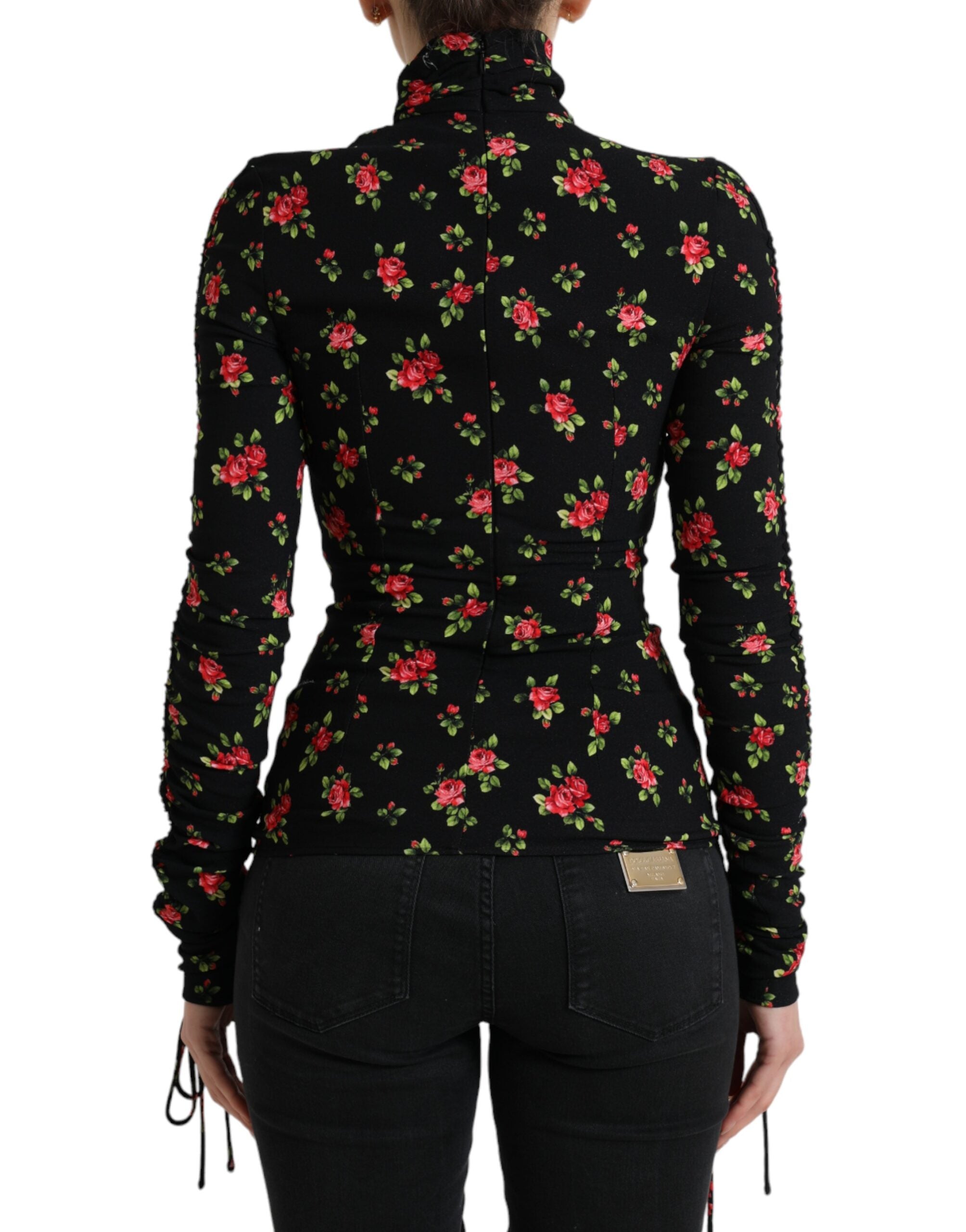 Zwarte blouse met col en rozenprint
