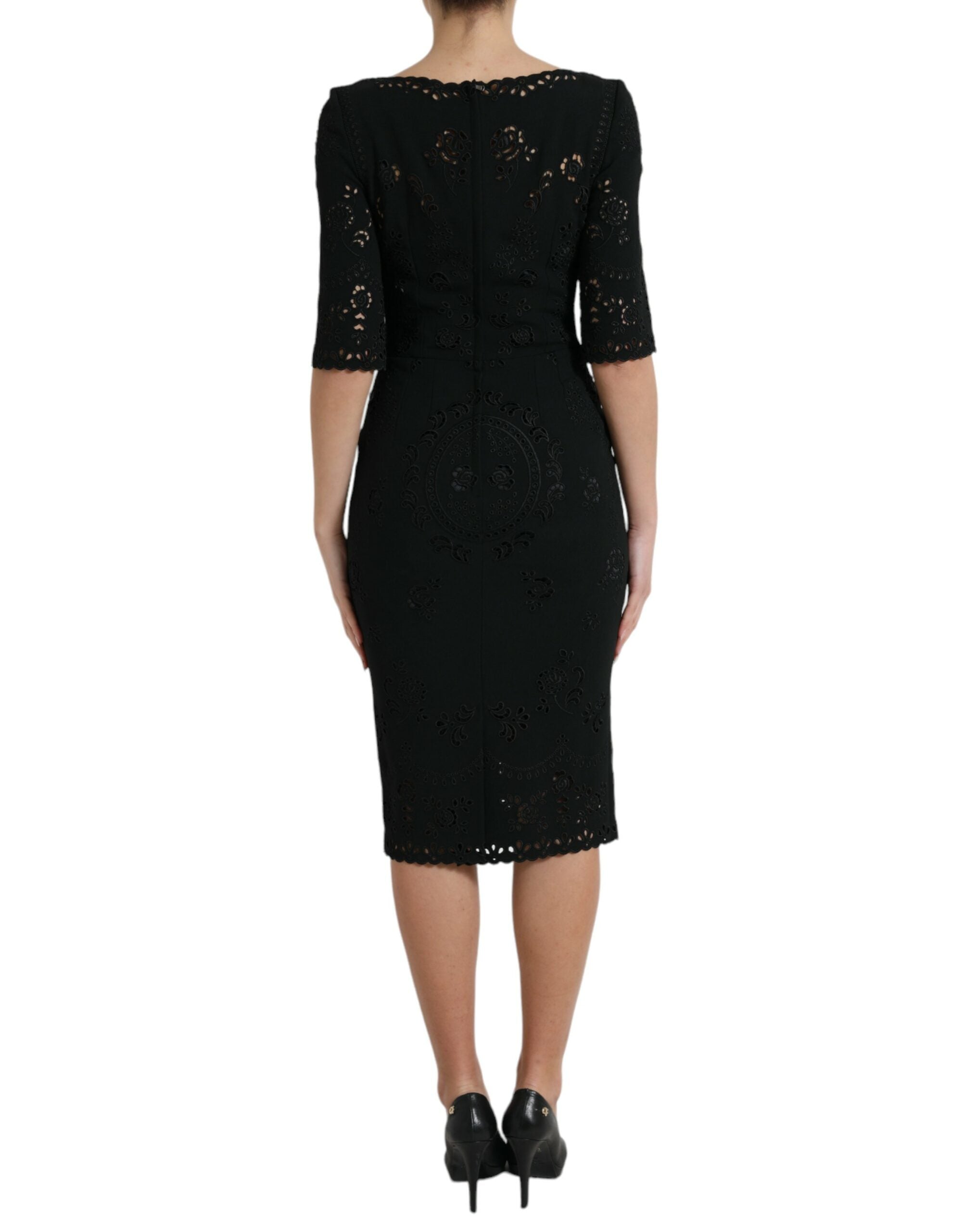 Zwarte viscose bodycon midi-jurk met bloemenkant