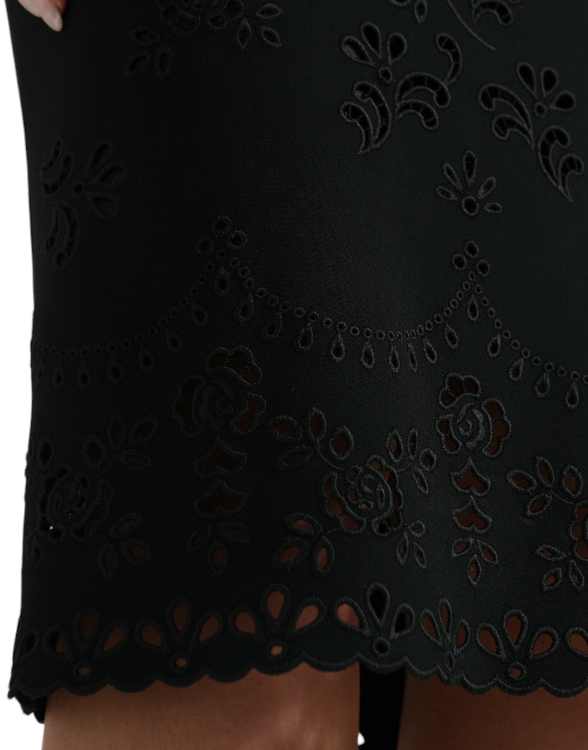 Zwarte viscose bodycon midi-jurk met bloemenkant
