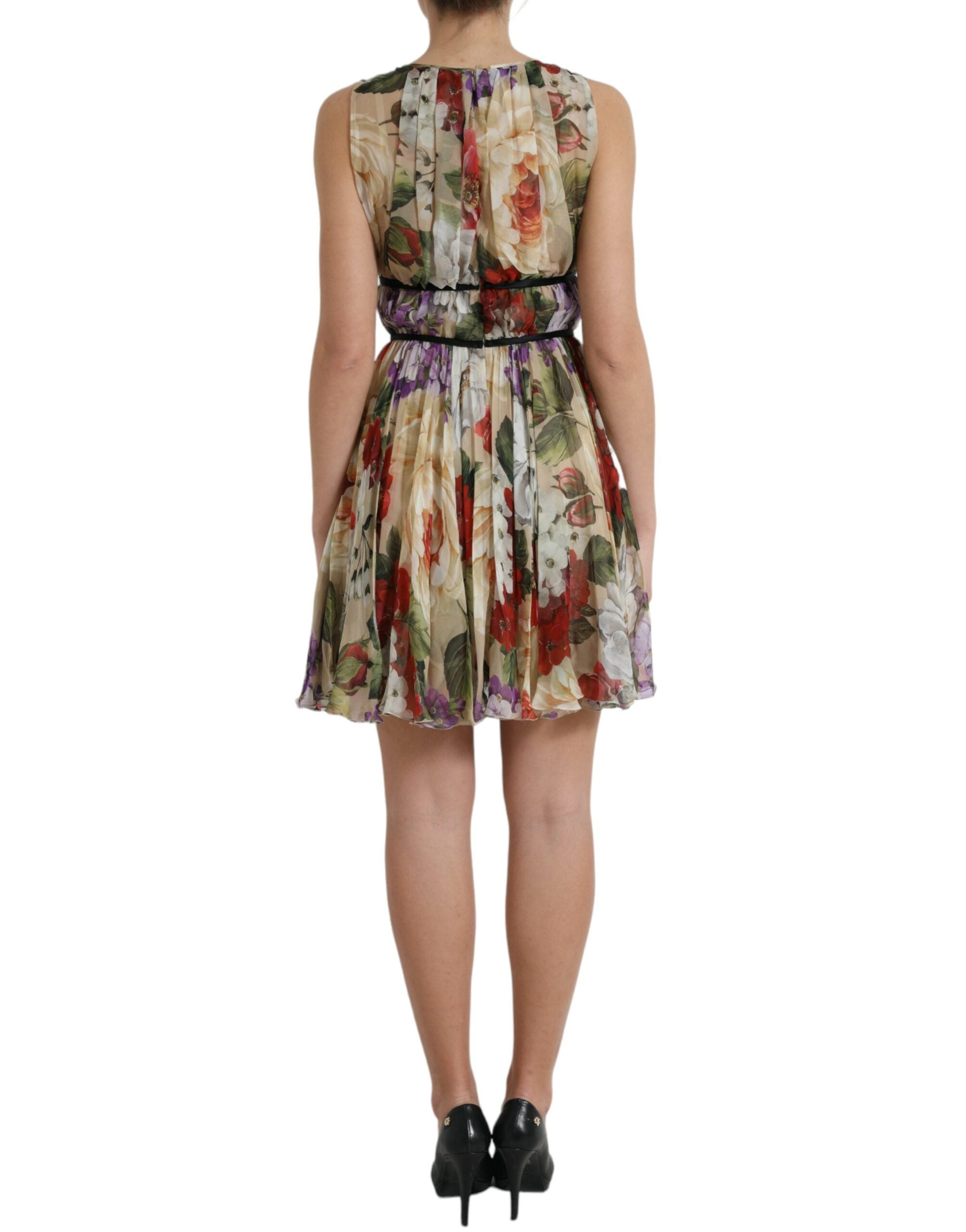 Beige A-lijn minijurk met bloemenprint en mouwloos patroon