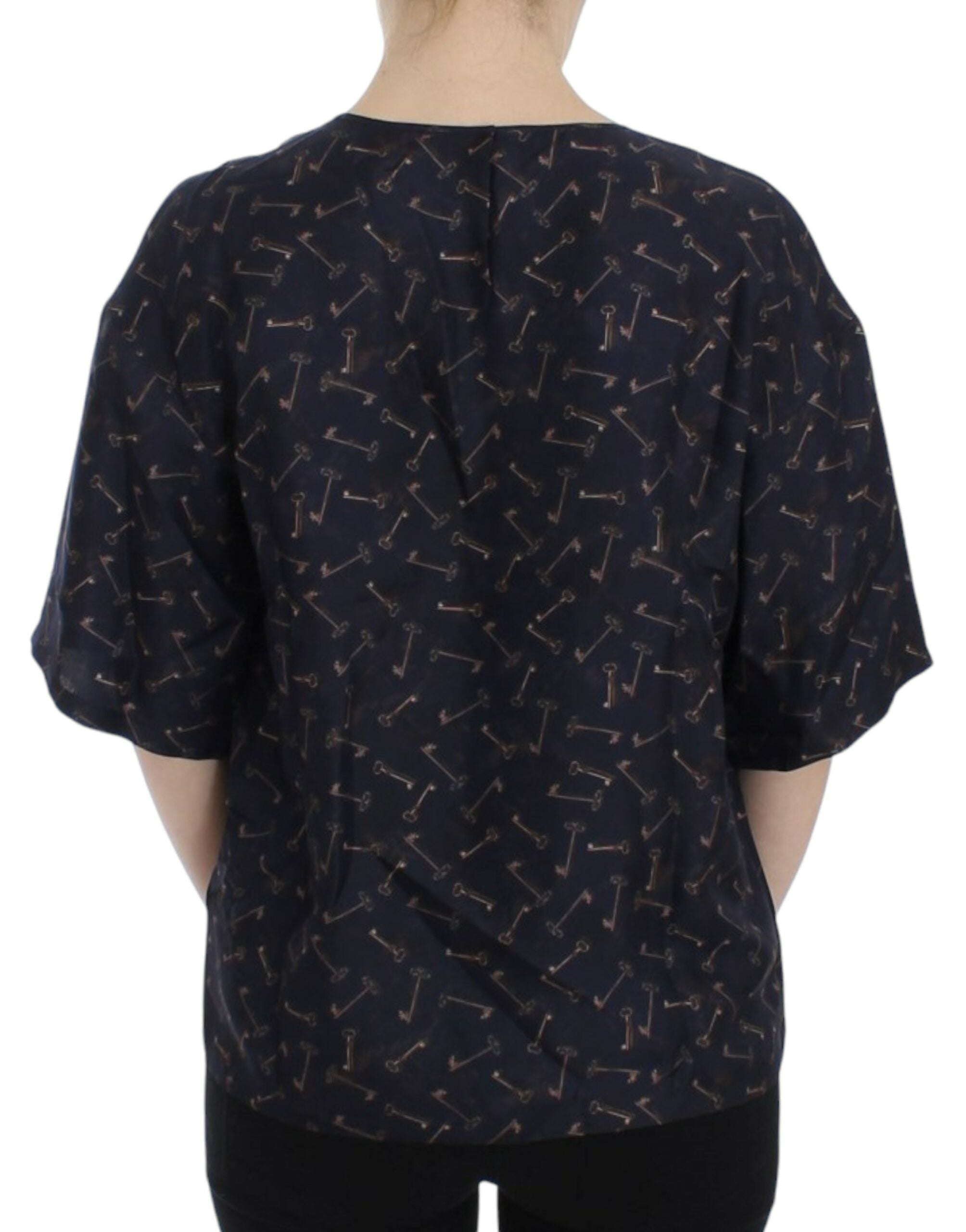 Blauwe zijden blouse met gouden sleutelprint
