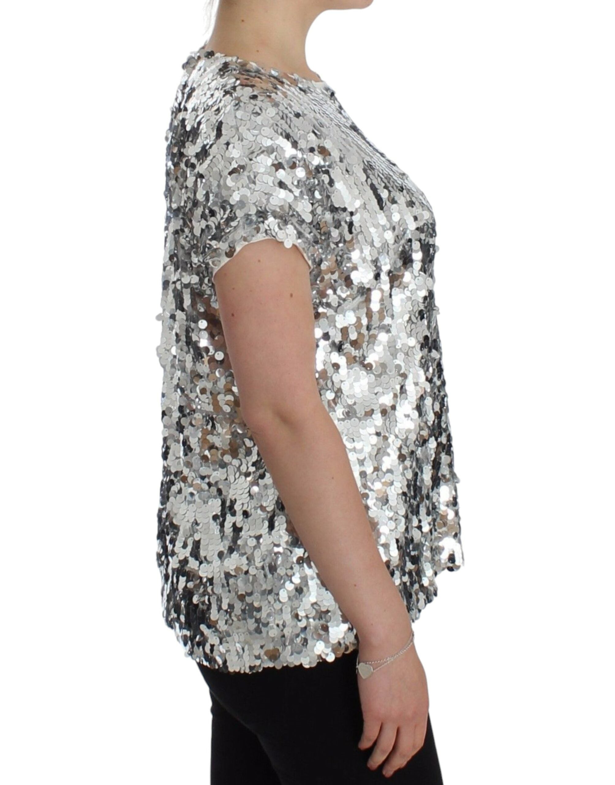 Zilveren blouse met ronde hals en pailletten, T-shirttop
