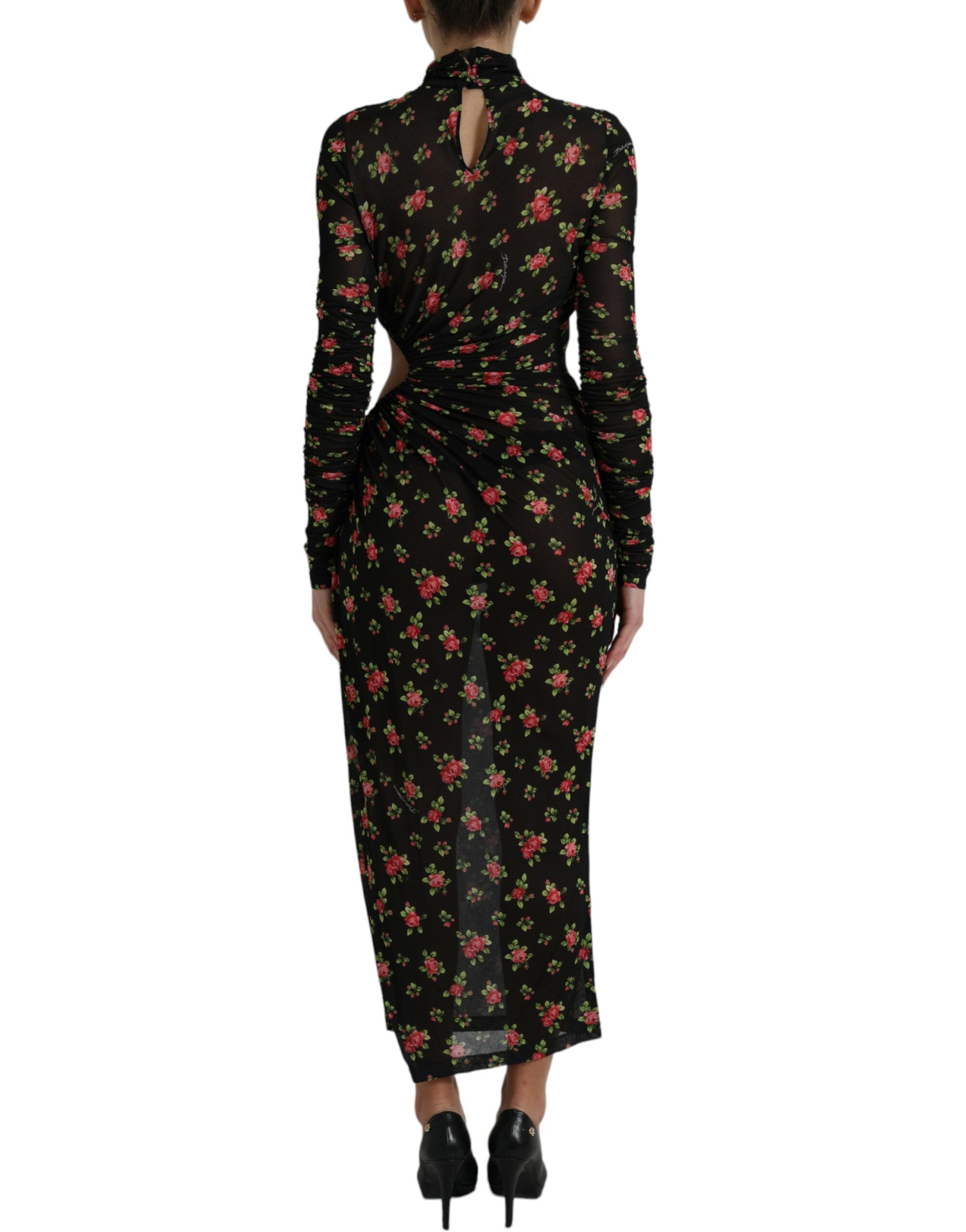 Zwarte maxi-jurk met bloemenprint en uitgesneden mouwen