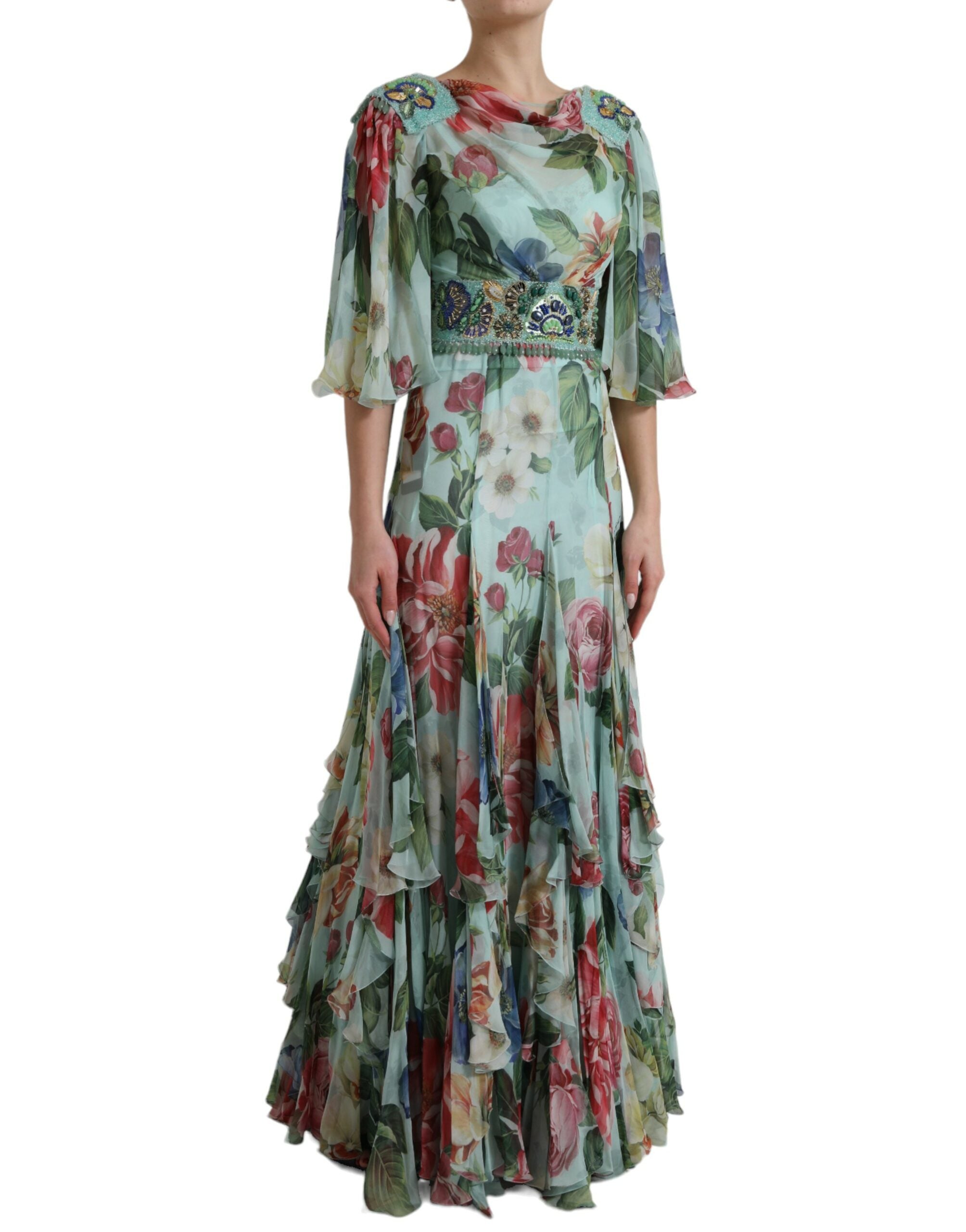 Blauwe bloemenprint gelaagde lange maxi-jurk